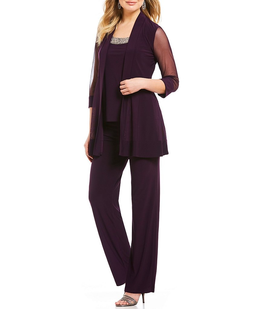 R&M Richards Mock 3-Piece Stretch Beaded-Neck Pant Set