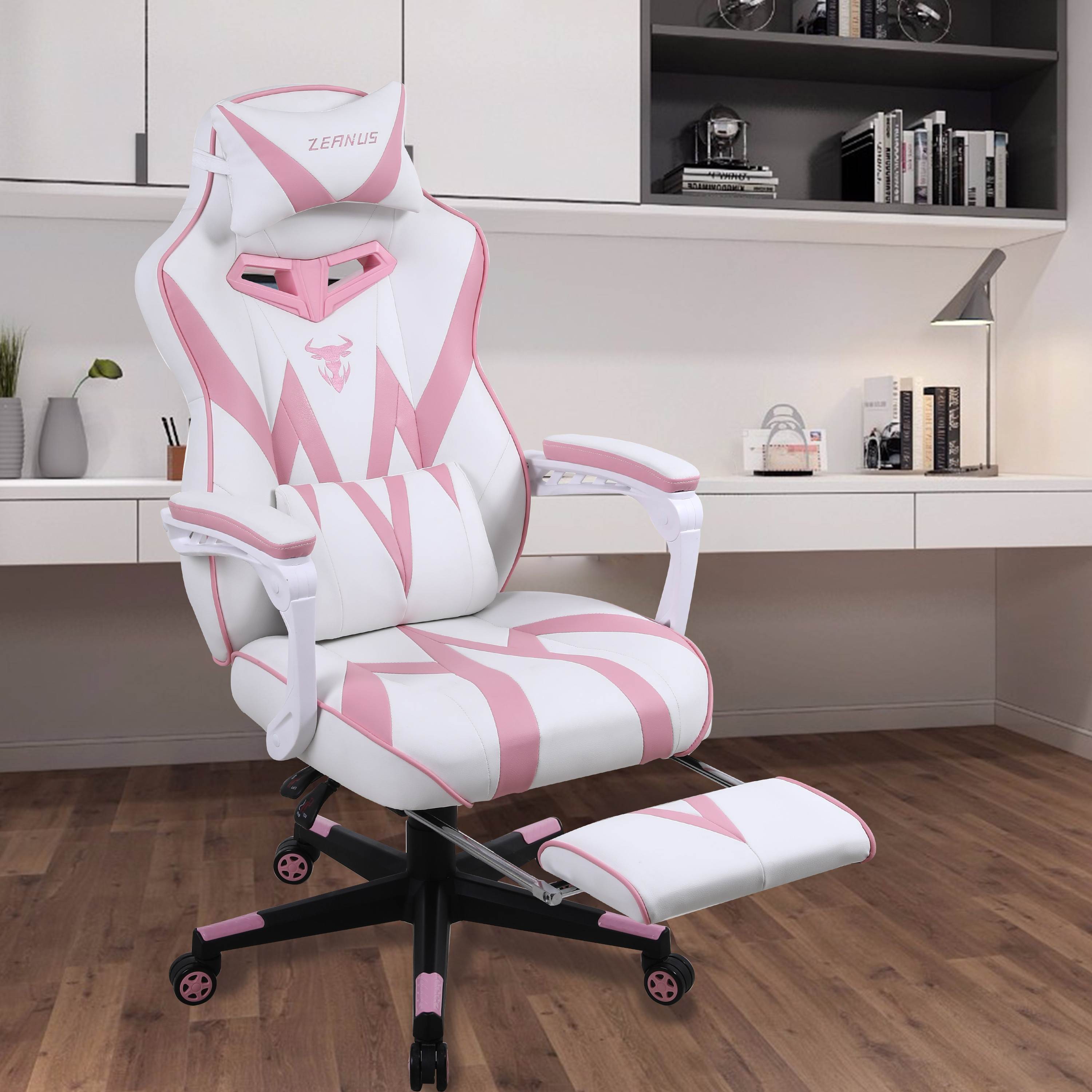 Zeanus Pink Ergonomic Gaming Chair for Girl, Gaming Chair with Footrest, Gaming Chair for Adults, High Back Racing Chair, Computer Chair with Massage, E-Sports Gamer Chair, Big and Tall Gaming Chair