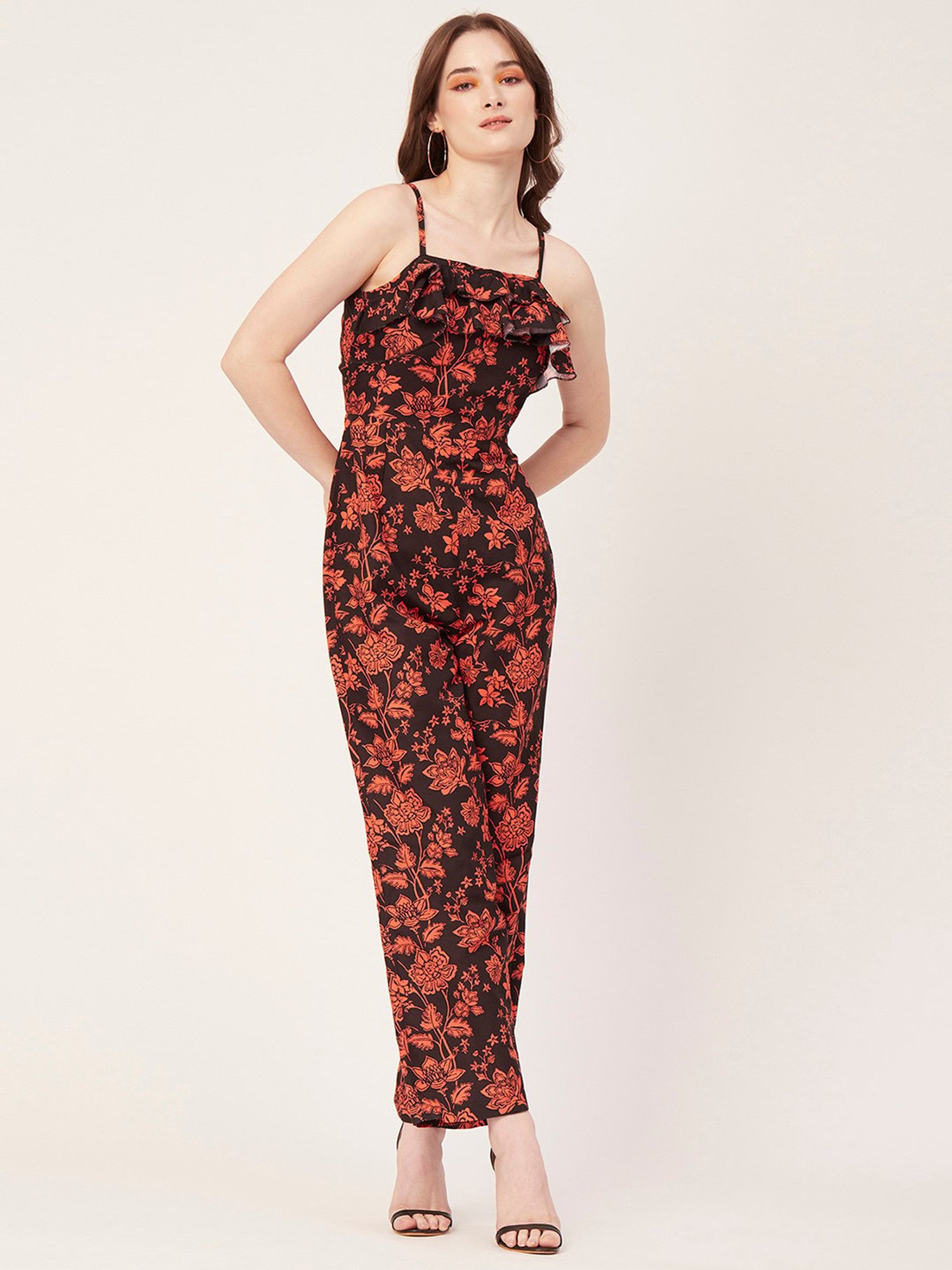Moomaya Black & Orange Floral Print Jumpsuit