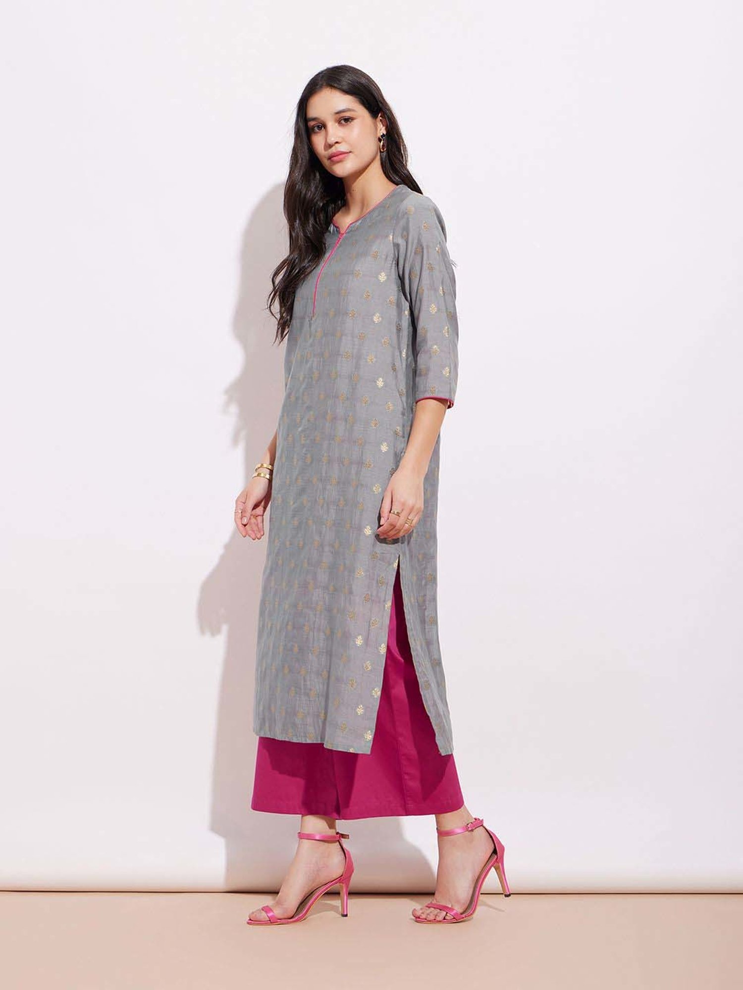 Pink Fort Grey Woven Pattern Straight Kurta