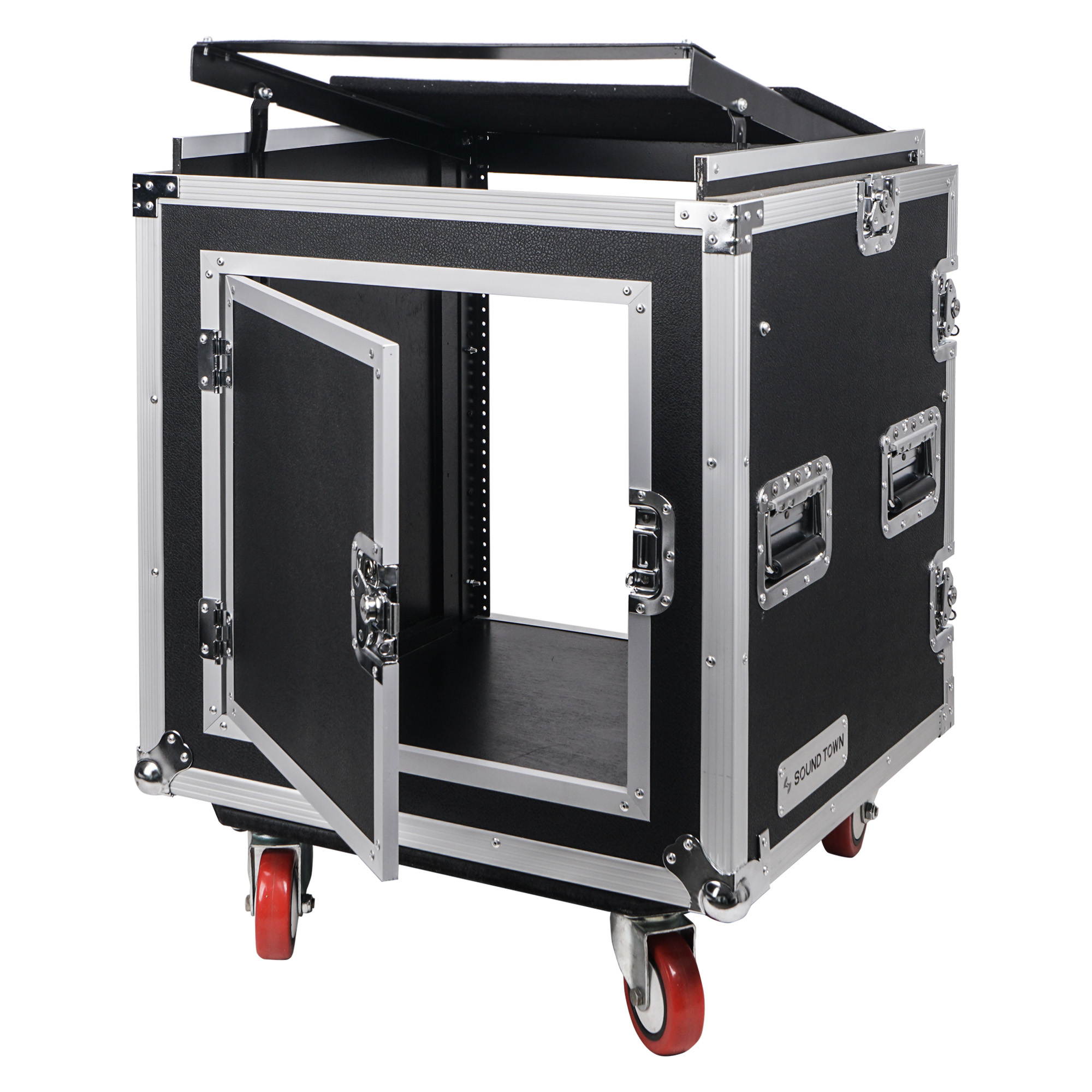 Sound Town Shock Mount 12U ATA Rack Case with 20&rdquo; Rackable Depth, 11U Slant Mixer Top and Casters, 12-Space Size (STMR-SP12UW)