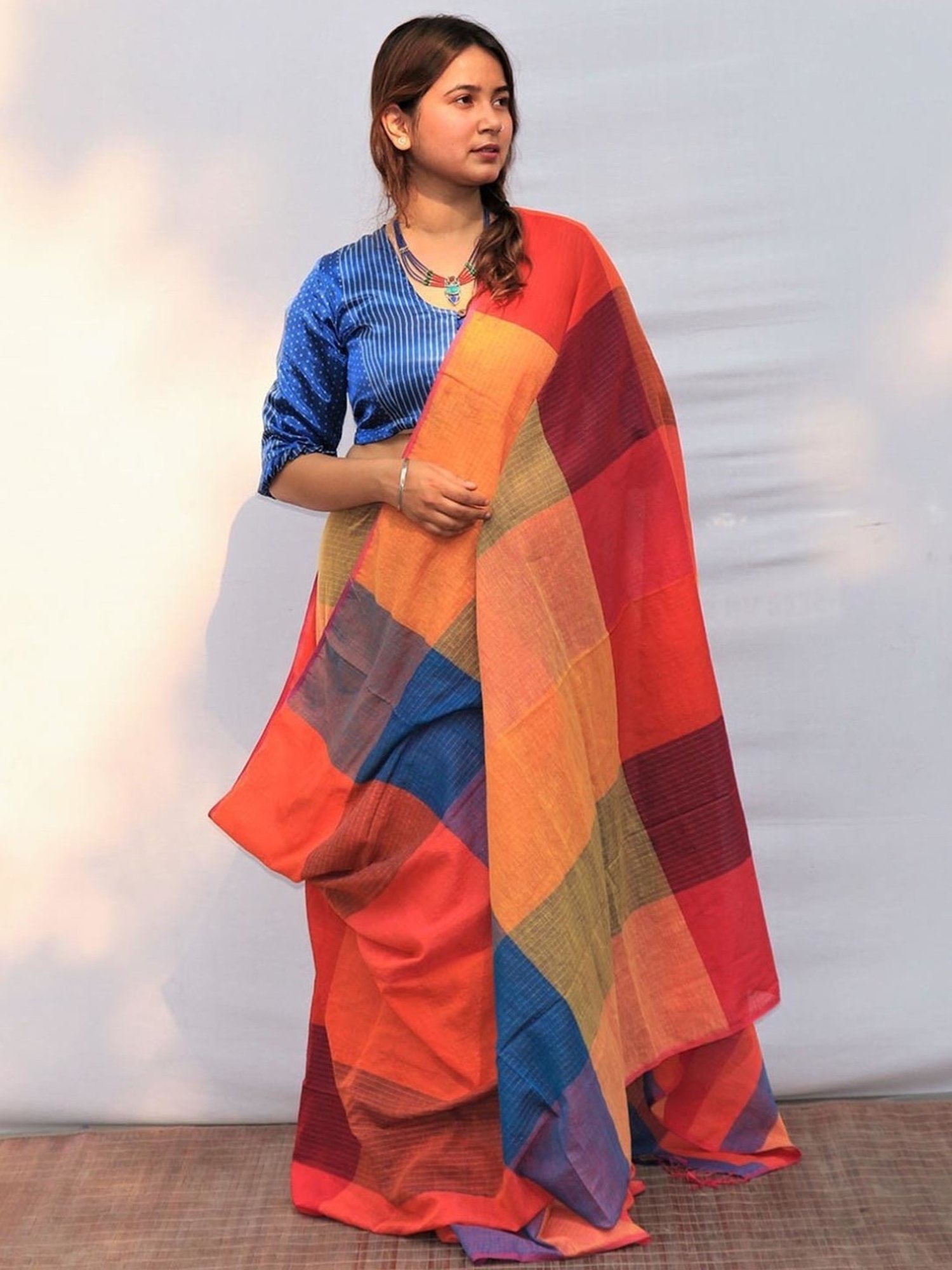 Chidiyaa Blue Satrangi Rainbow Razzle Hand-dyed Handwoven Cotton Saree