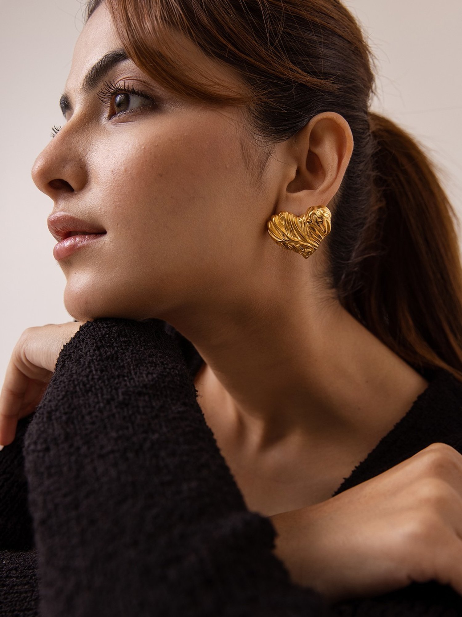 Perfectly Average Textured Heart Studs Gold