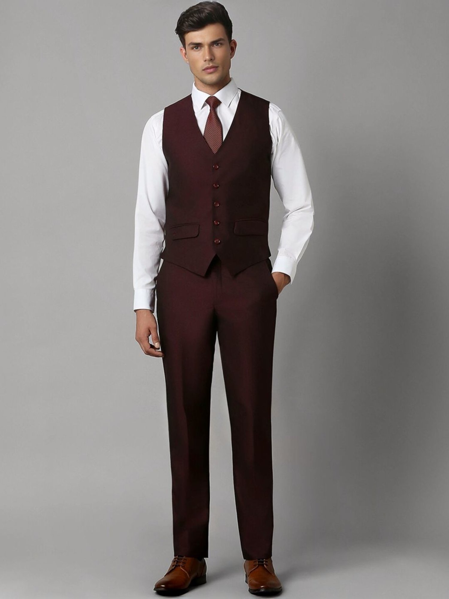 Louis Philippe Maroon Slim Fit Self Pattern Three Piece Suits