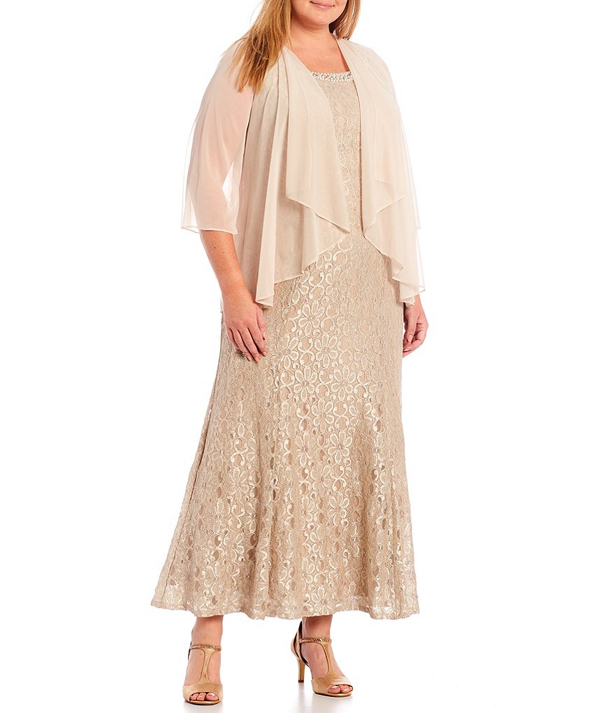 R & M Richards Plus Size Glitter Lace Beaded Round Neck 3/4 Sleeve 2-Piece Jacket Gown