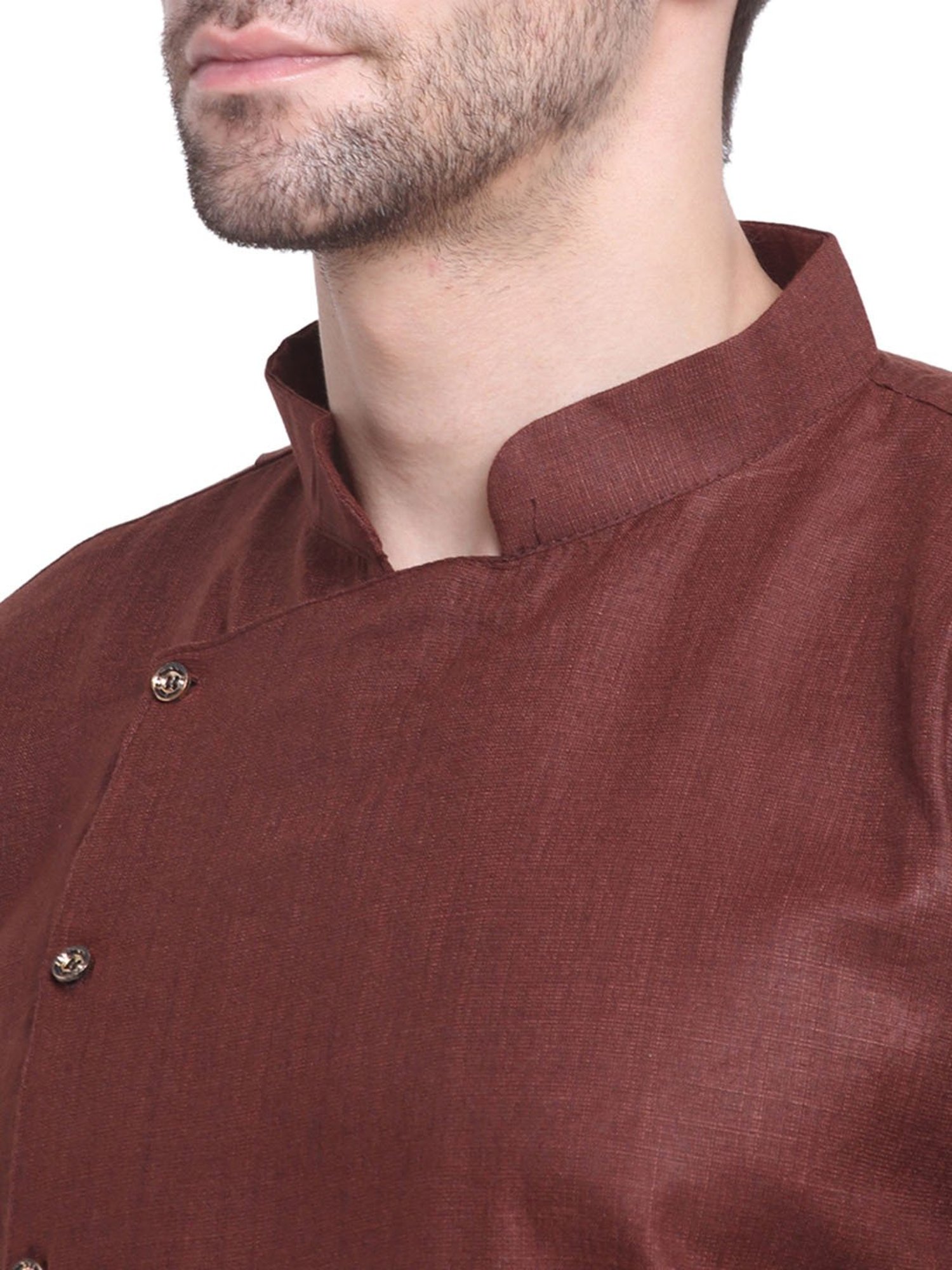 Benstoke Brown & White Regular Fit Angrakha Kurta & Pyjamas Set