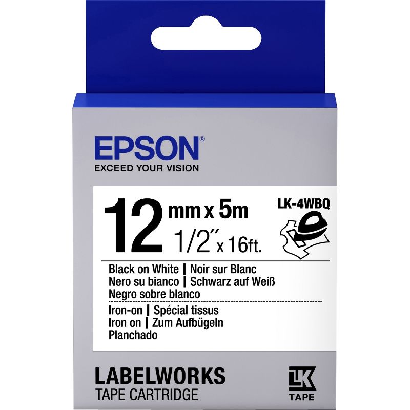 Epson LabelWorks Iron on (Fabric) LK Tape Cartridge ~1/2" Black on White - 1/2" Width x 16 ft Length - Thermal Transfer - White