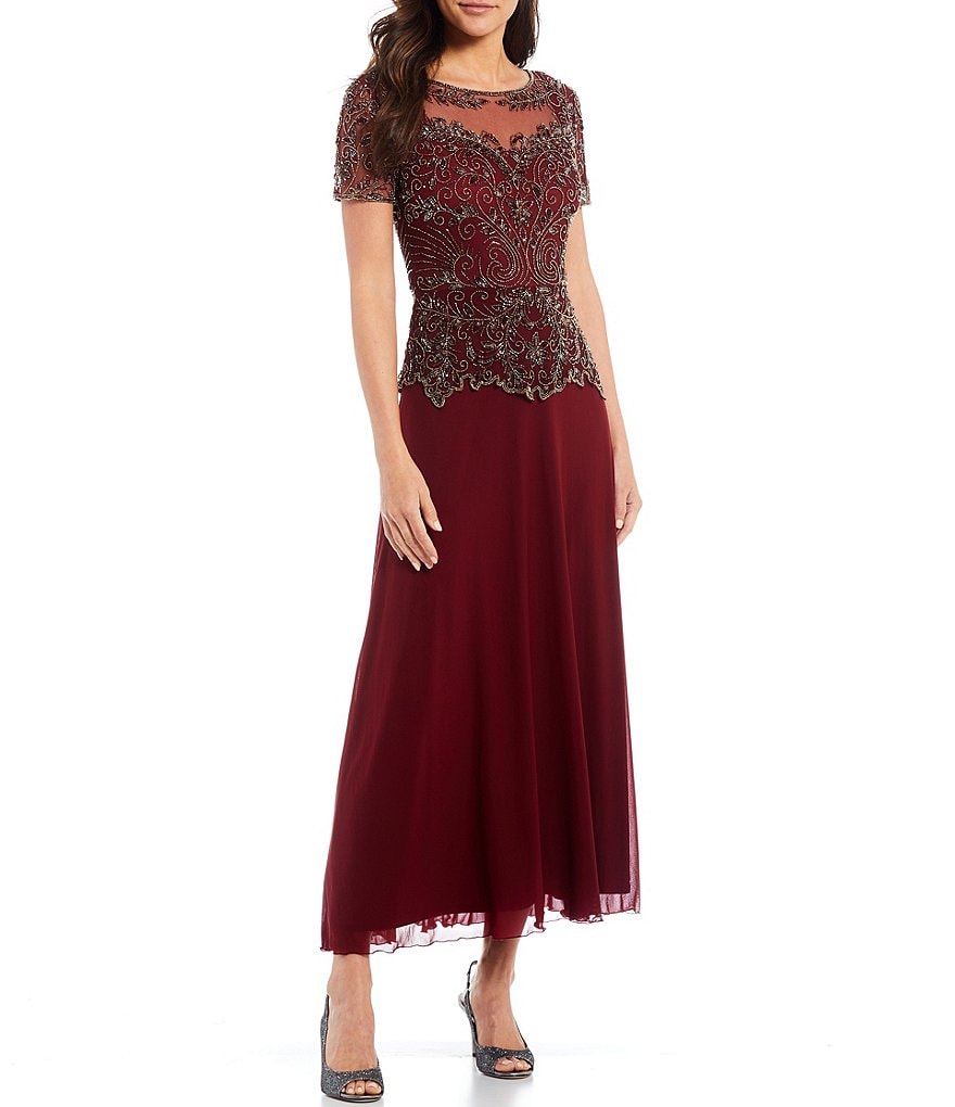 Pisarro Nights Petite Size Beaded Bodice Illusion Boat Neck Short Sleeve Gown