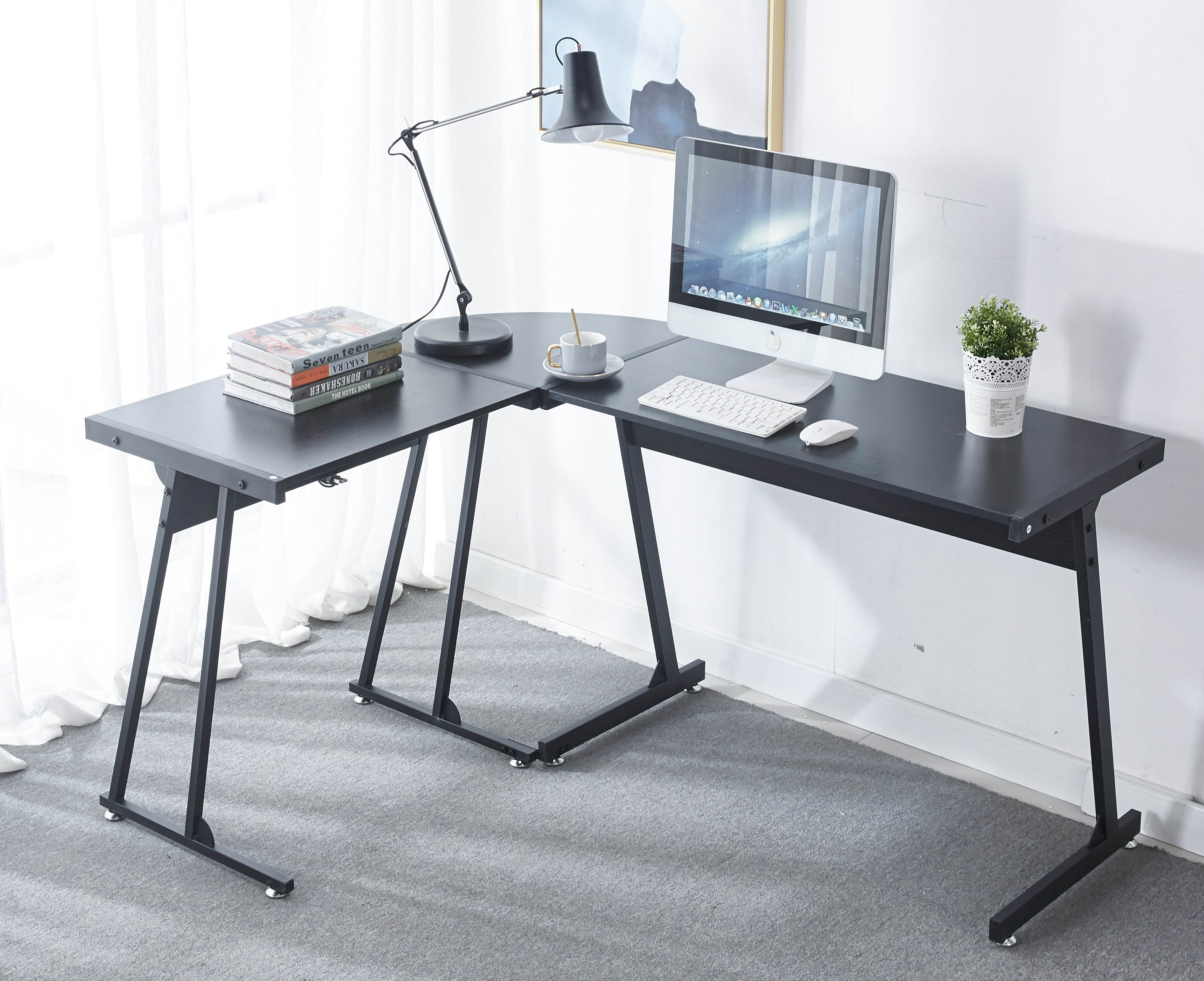 L-Shaped Computer Desk - 57.9" Home Office Corner Desk with Adjustable Keyboard Tray - Durable Black Surface Study Table for PC Laptop Gaming and Writing - with Sturdy Adjustable Steel Legs