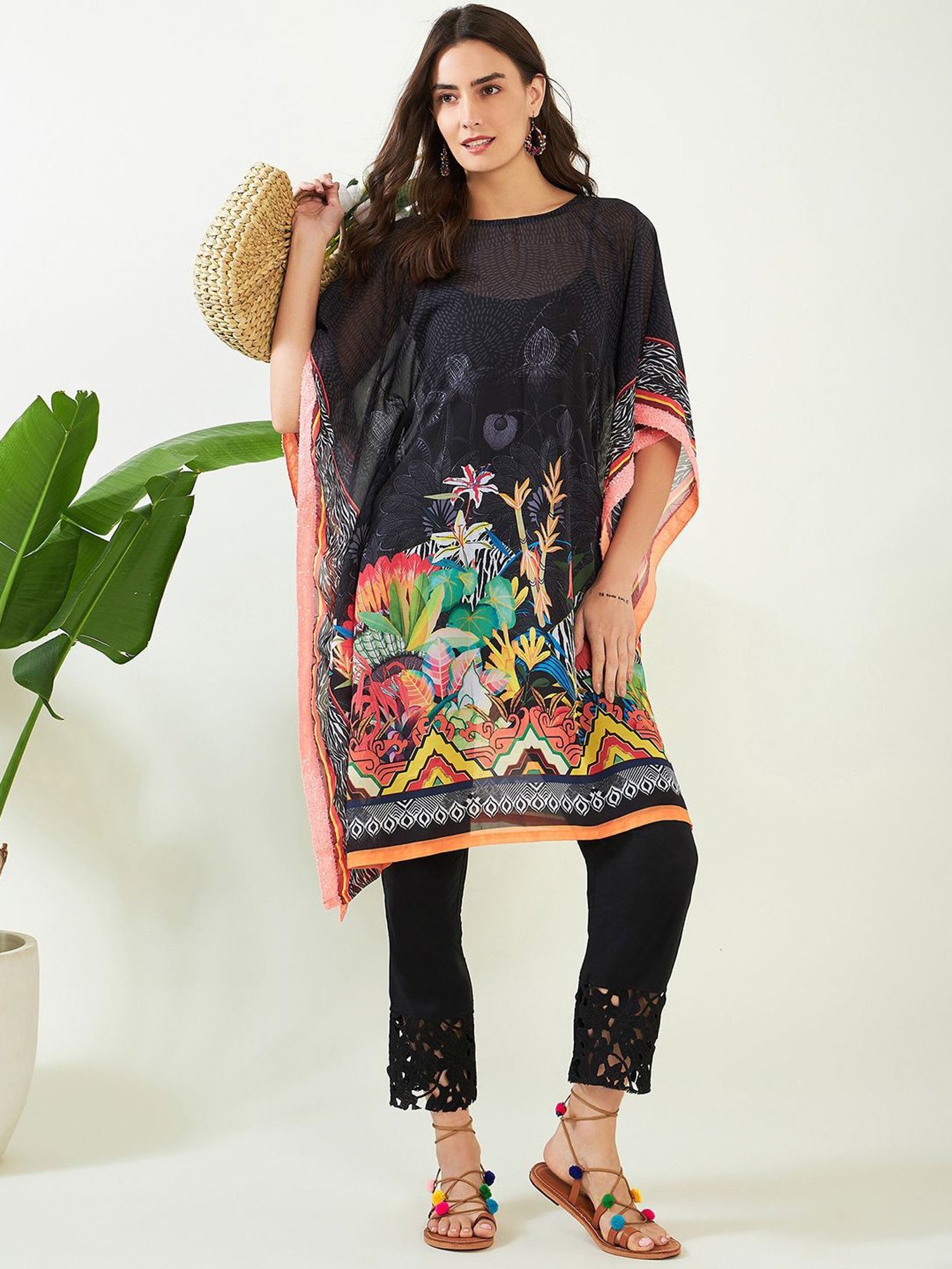 The Kaftan Company Black Printed A Line Kaftan