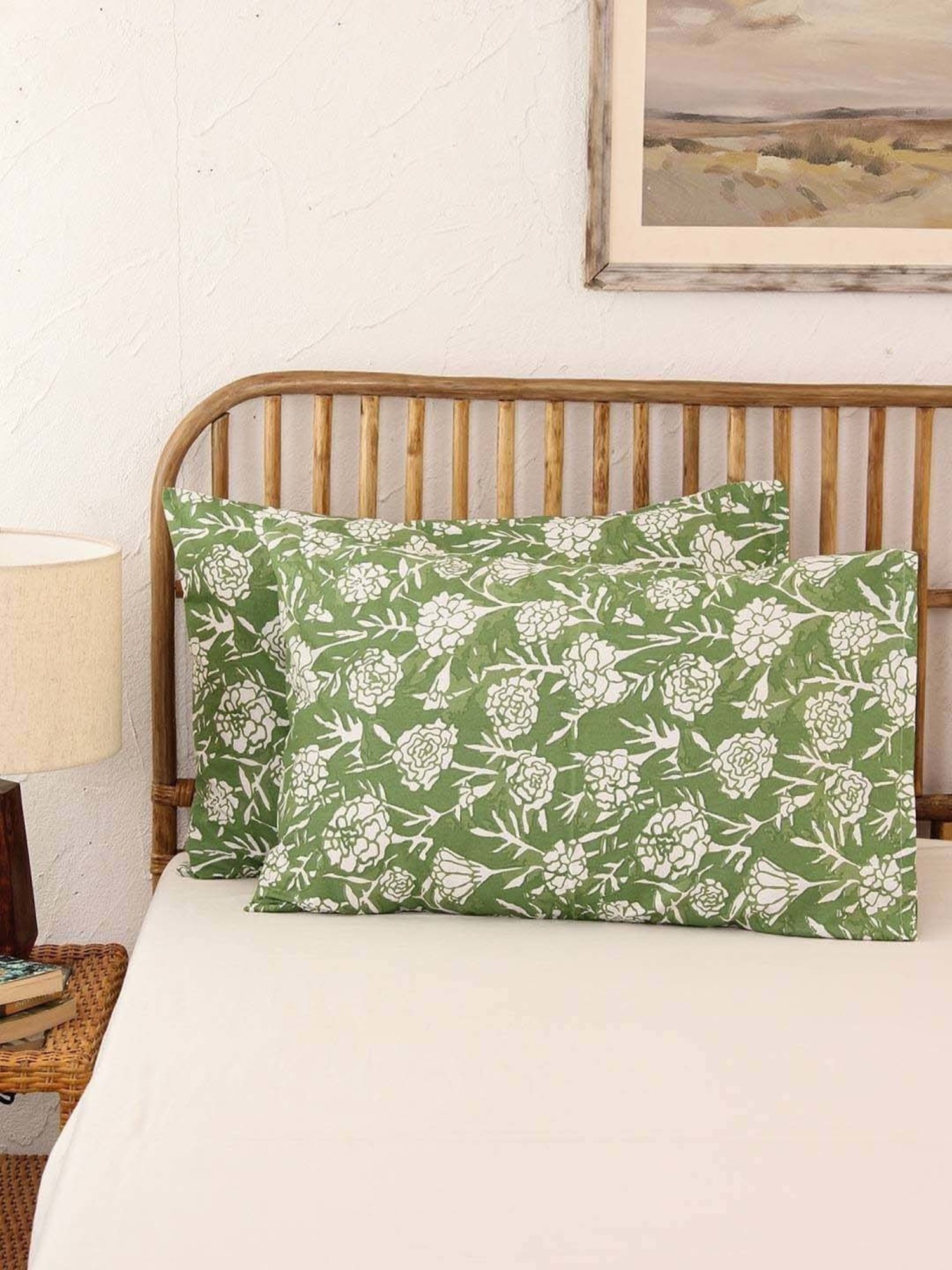 House This Genda Phool Green Cotton 144 TC Pillows - Set of 2