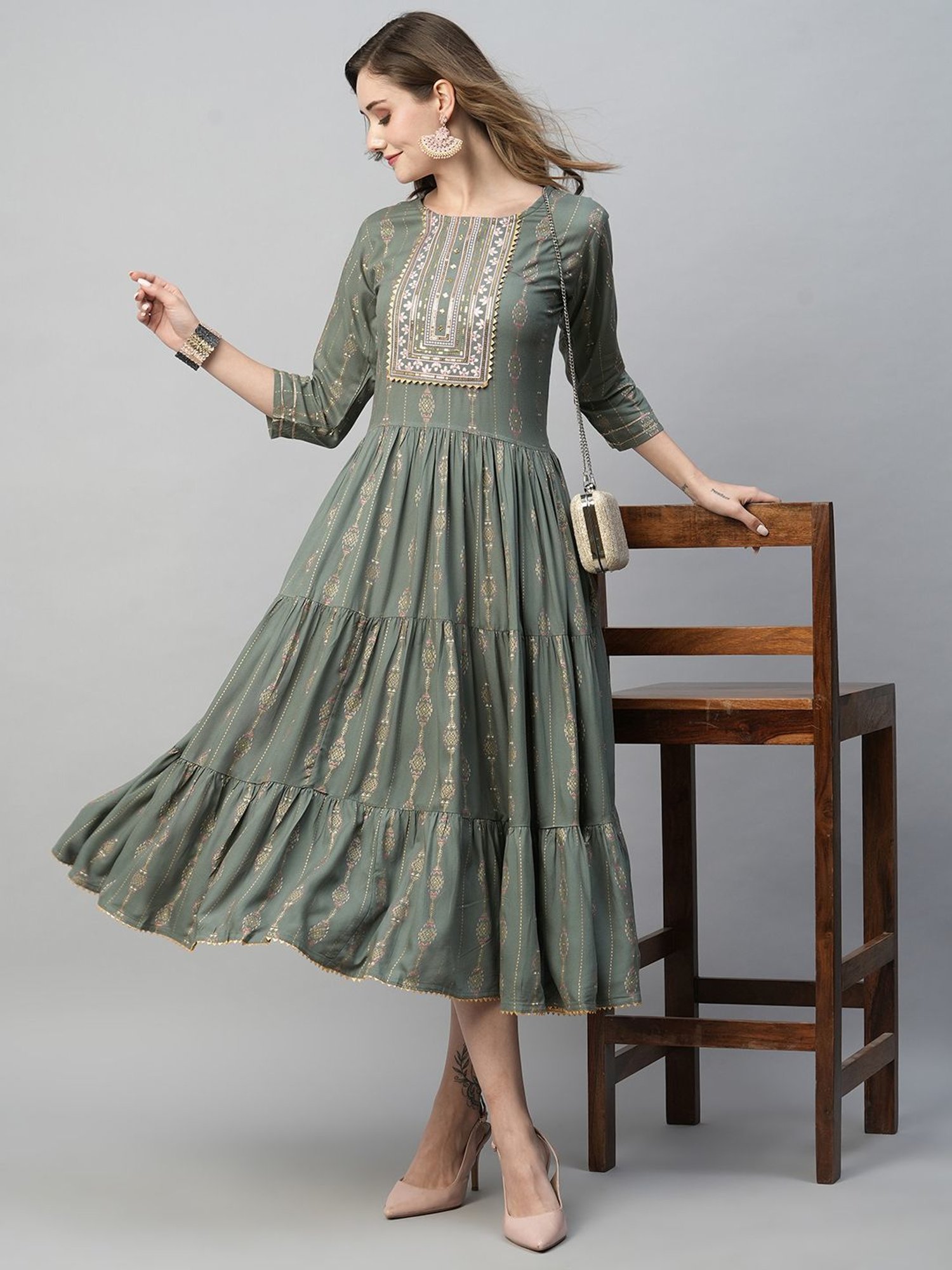 KIANA Grey Printed A-Line Dress