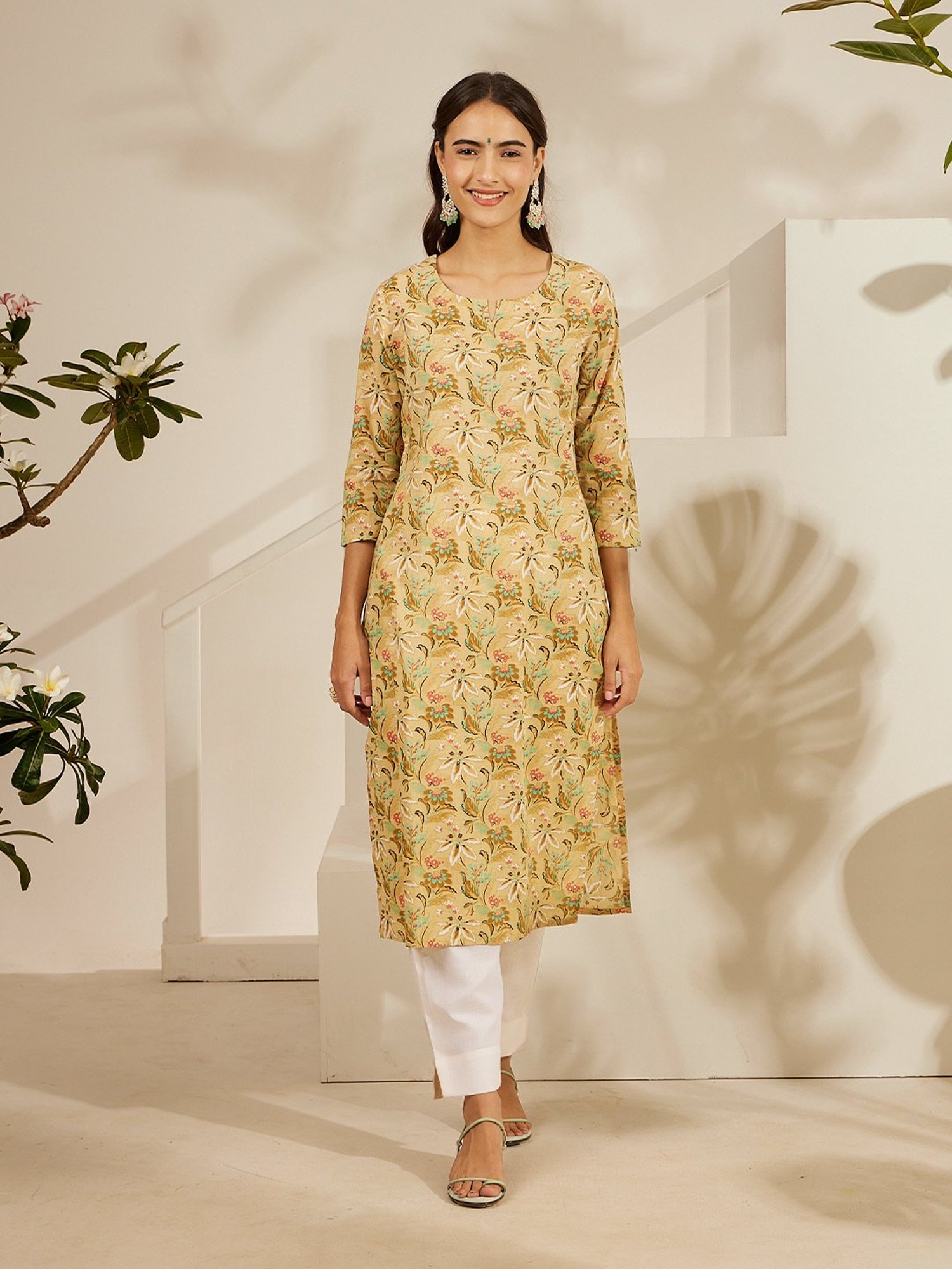 Daali Beige Cambric Basics Round Neck 3/4 Sleeves Kurta with Two Pockets