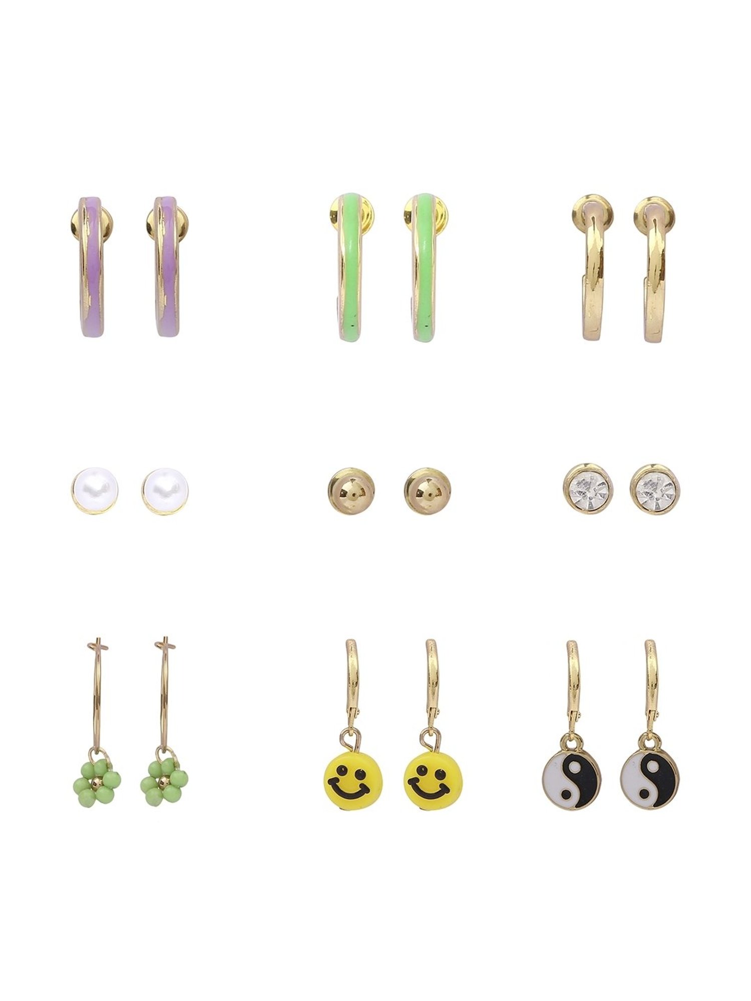 Lilly & Sparkle Set of 9 Golden 3 Studs, 3 Enameled Hoops, and 3 Smiley Yin-Yang Charm Bali Earrings
