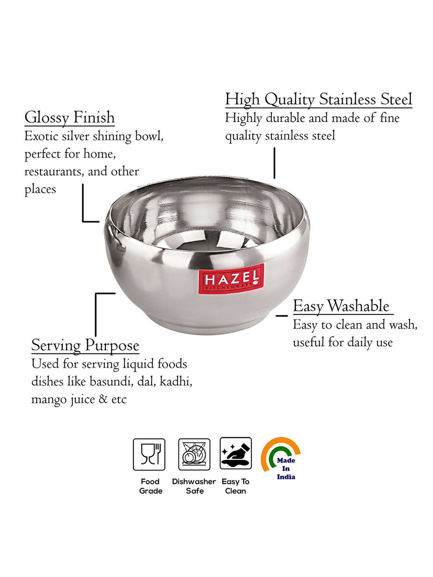 HAZEL Silver Stainless Steel Bowl for Dessert (300ml)