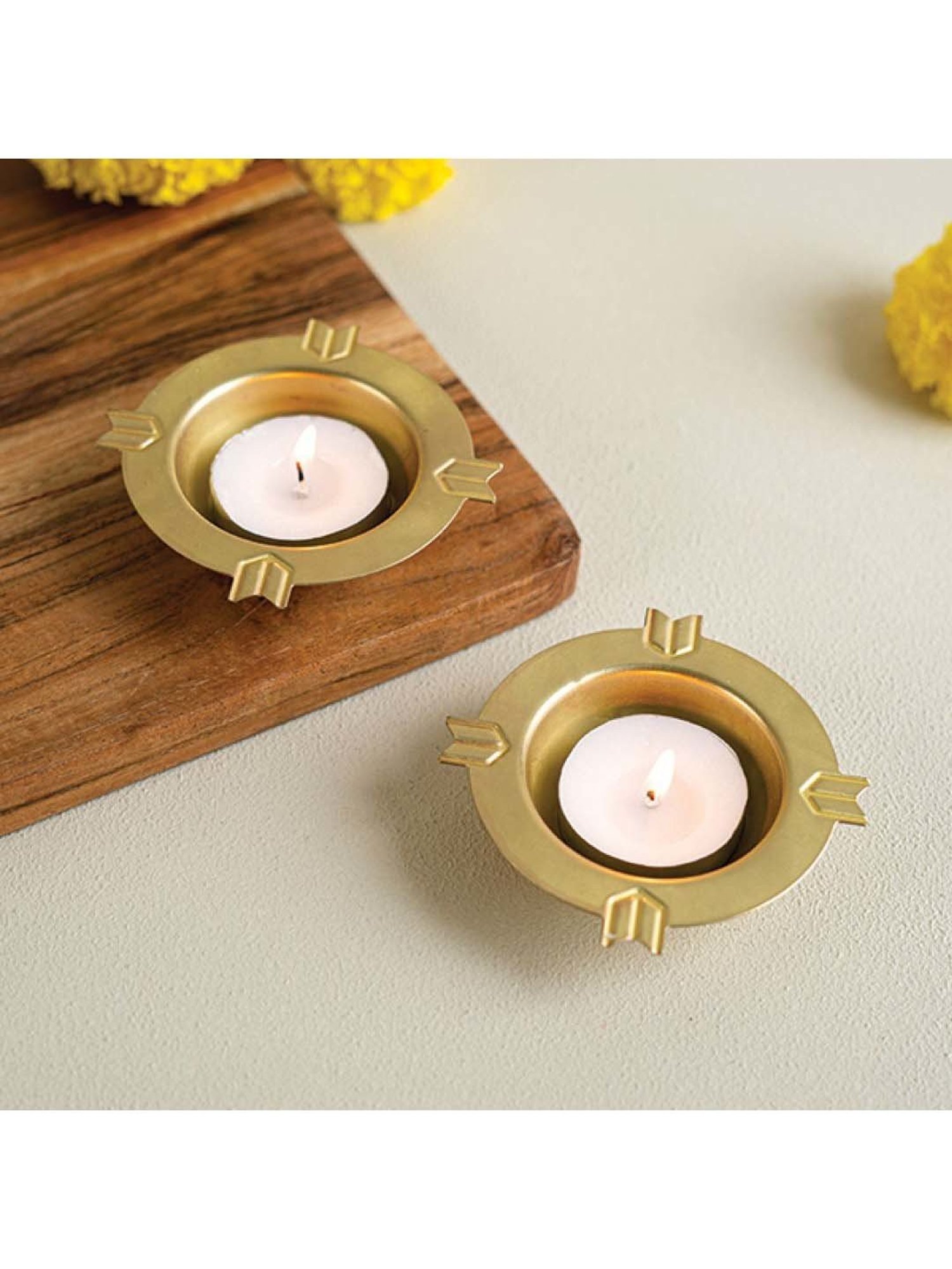 COPPRE Kolam Golden Brass Diwali Tealight - Set of 2