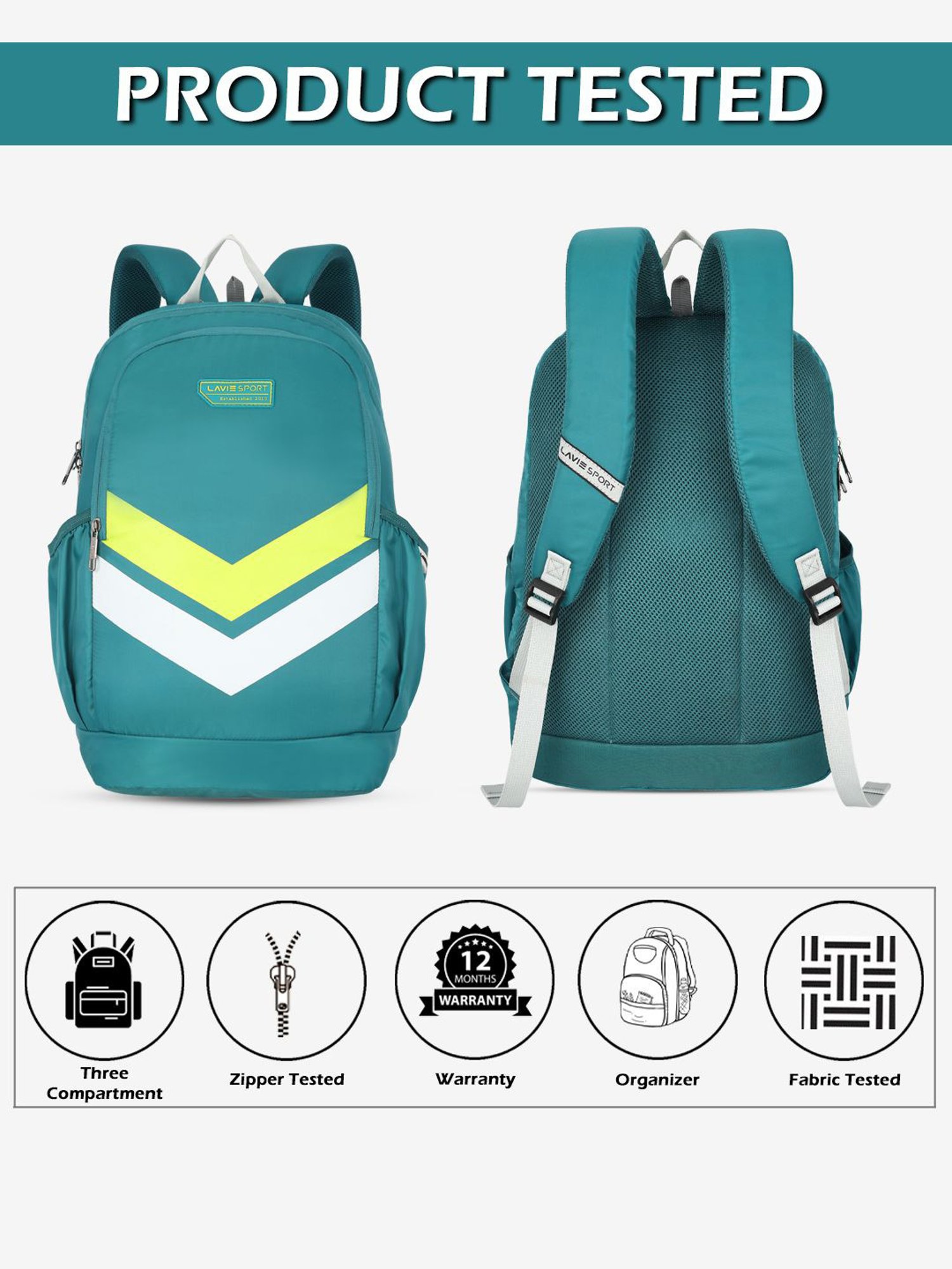 Lavie Sport Chevron 33L College Laptop Backpack with Rain cover For Boys & Girls|Men & Women (Teal)