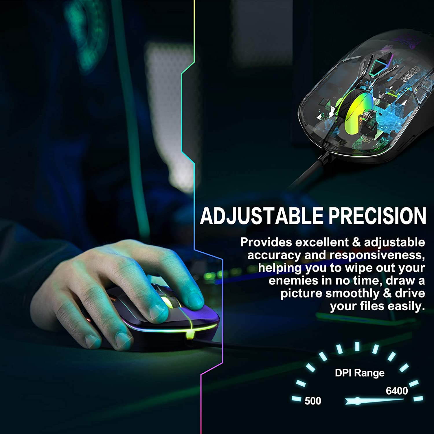 Gaming Mouse Wired, RGB Backlit 6400 DPI Adjustable gaming mouses, Grip Ergonomic Optical PC Computer Gaming Mice ,7 Buttons for Windows 7/8/10/XP Vista Linux (Black)