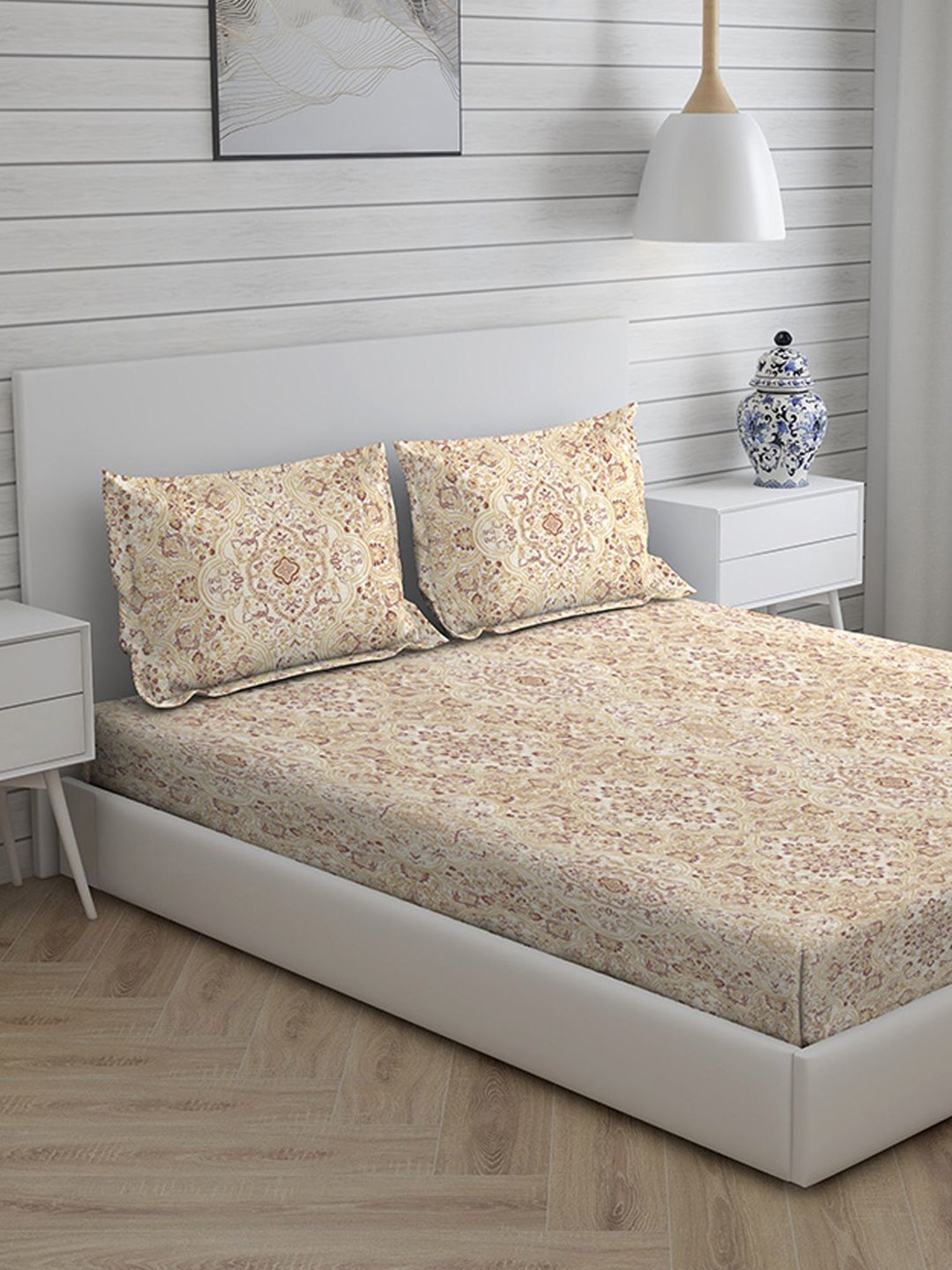 Boutique Living Printed Multicolor 300 TC Cotton King Bed Sheet with 2 Pillow Covers