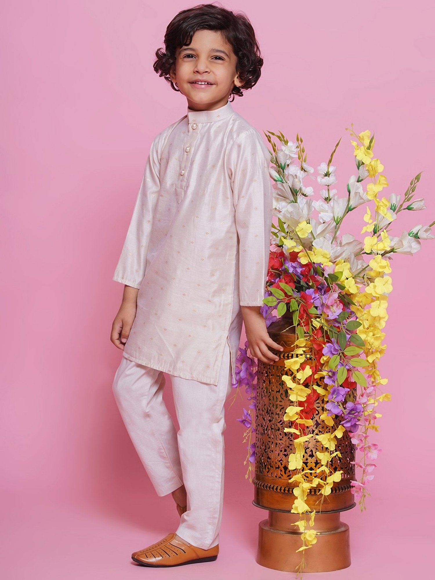 VASTRAMAY Boys Yellow & White Cotton Printed Full Sleeves Kurta Sets
