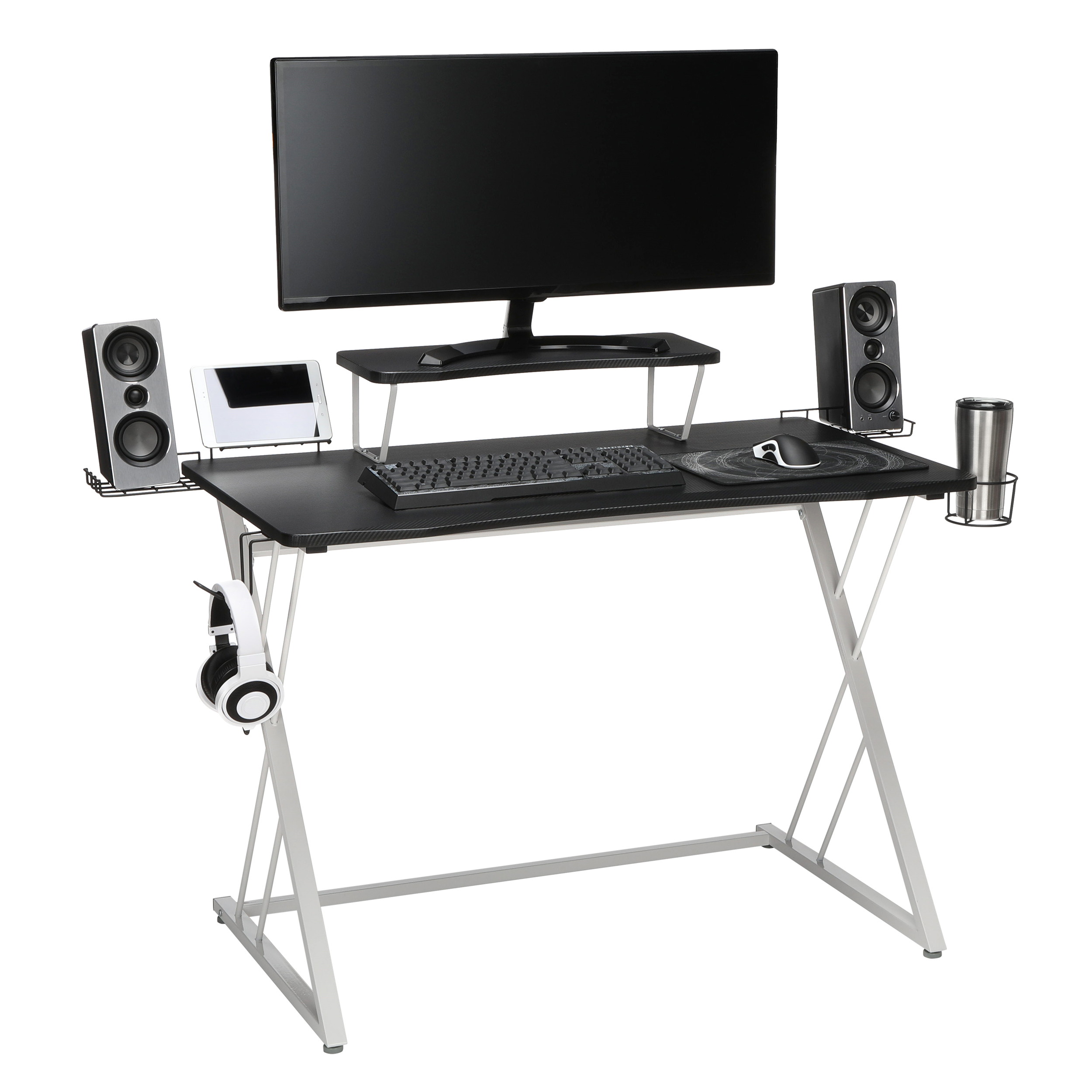 Essentials Collection 55" Gaming Computer Desk, 35" Monitor Shelf, Z-Base, in White/Black (ESS-1101-WHT-BLK)