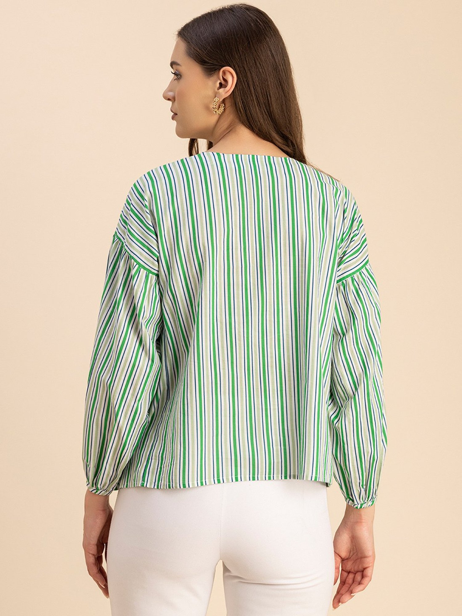 Moomaya Green Cotton Striped Top