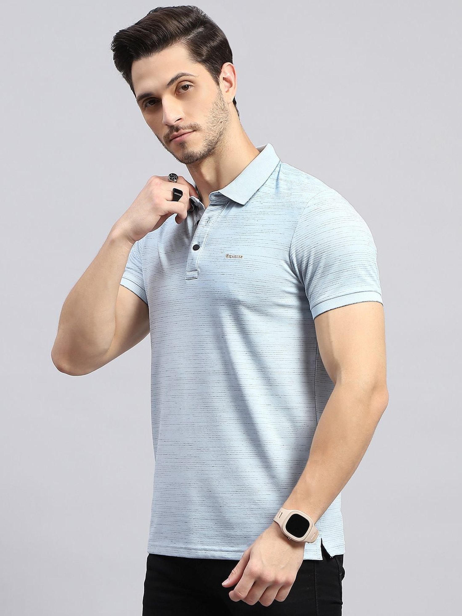 Monte Carlo Sky Blue Regular Fit Striped Polo T-Shirt