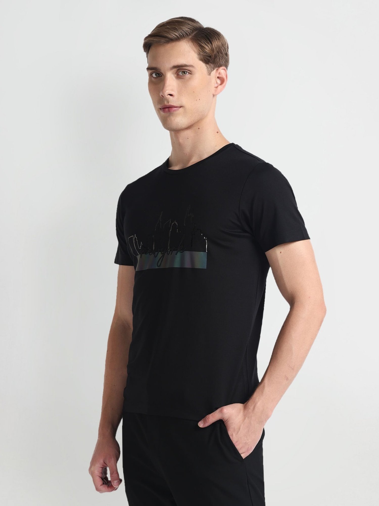 Arrow Newyork Black Cotton Regular Fit Printed T-Shirt