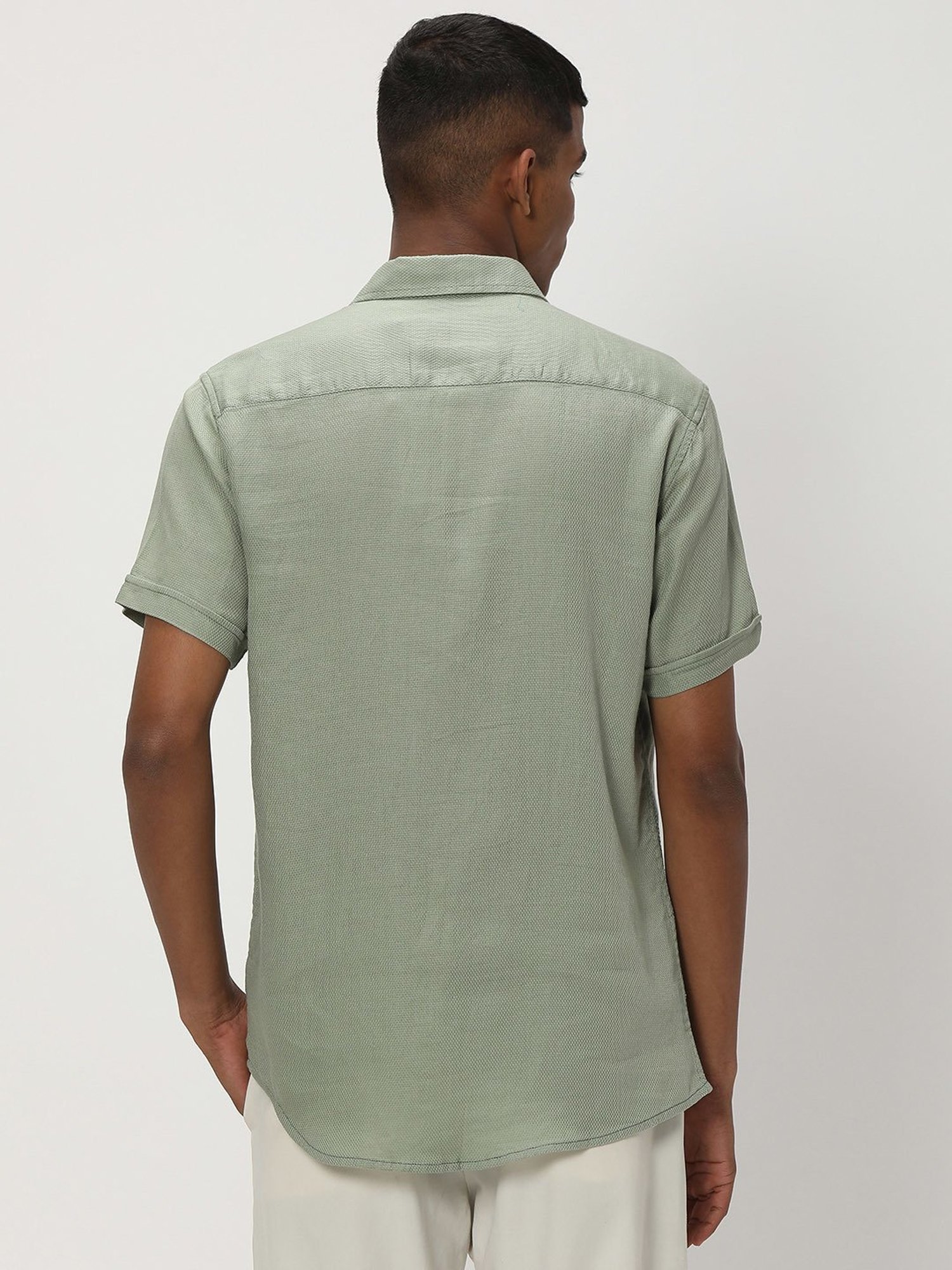 Mufti Light Olive Slim Fit Textured Cotton Linen Shirt