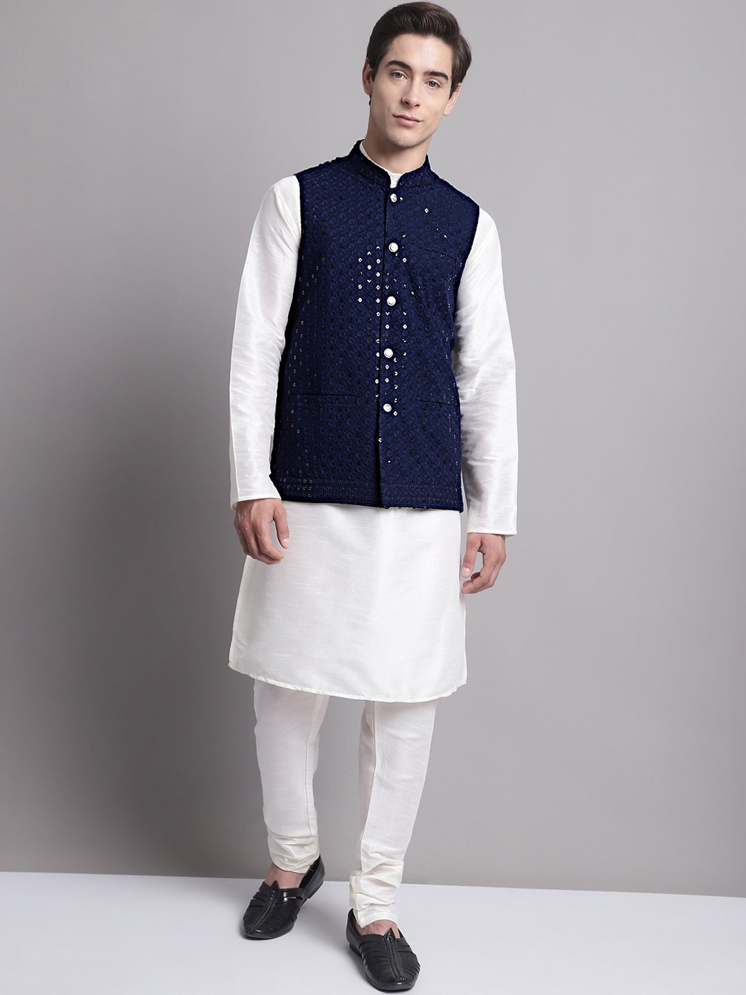 Jompers Navy Regular Fit Embroidered Nehru Jacket
