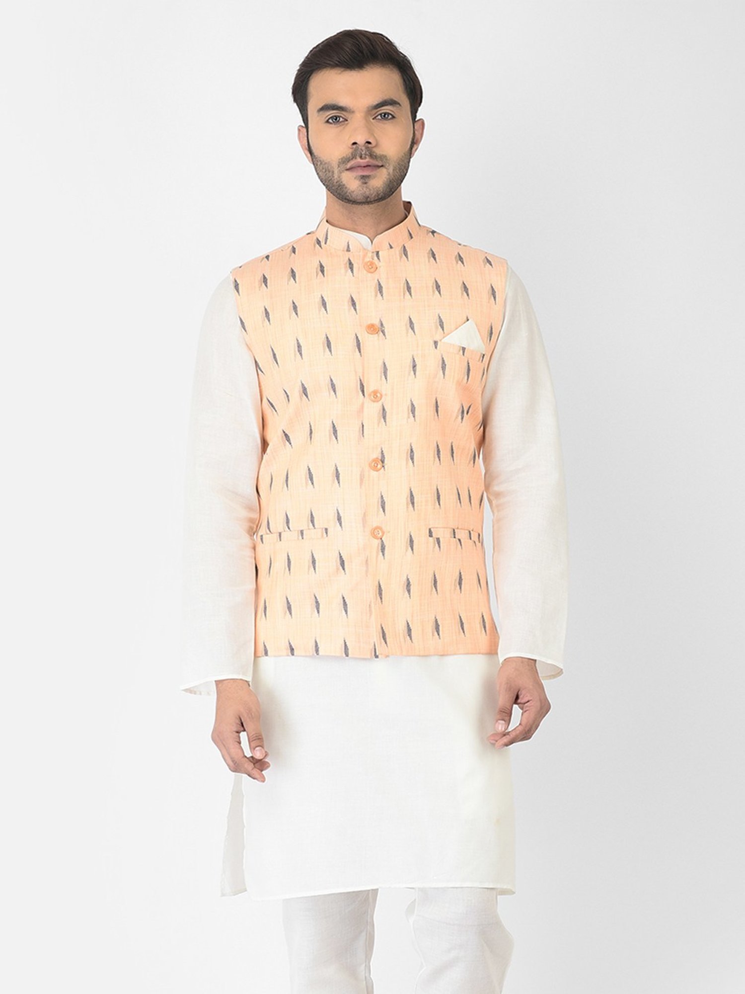 Deyann White & Orange Cotton Regular Fit Printed Kurta Set With Jacket