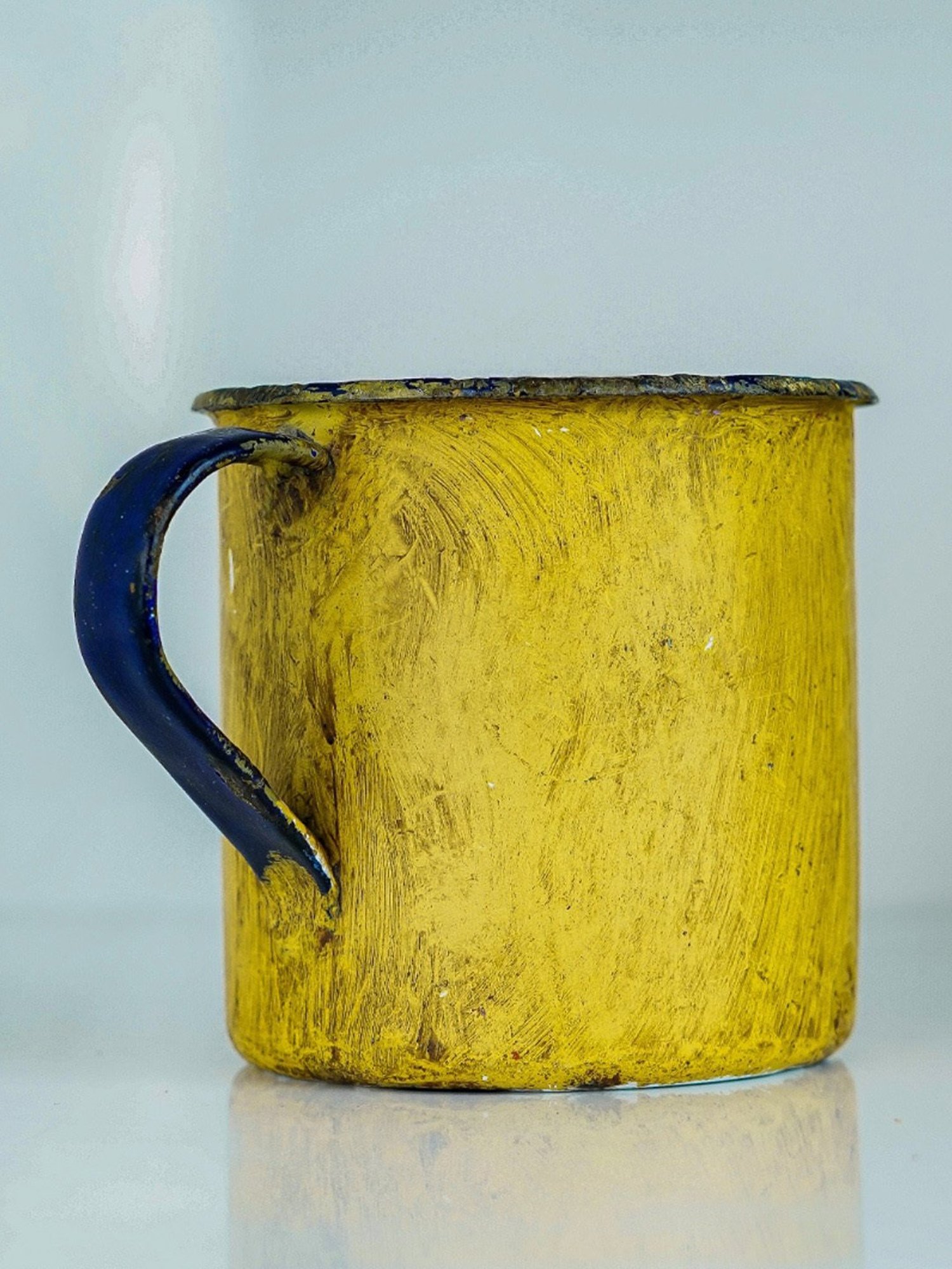 Artisans Rose Hand-painted Blue & Yellow Enamel Vintage Mugs - Set of 2