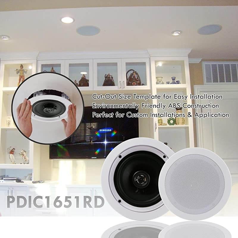 Pair 525 Flush Mount inWall inCeiling 2Way Home Speaker System Spring Loaded Quick Connections Dual Polyprone Cone Polymer Tweeter Stereo Sound 150 Watts PDIC1651RD White