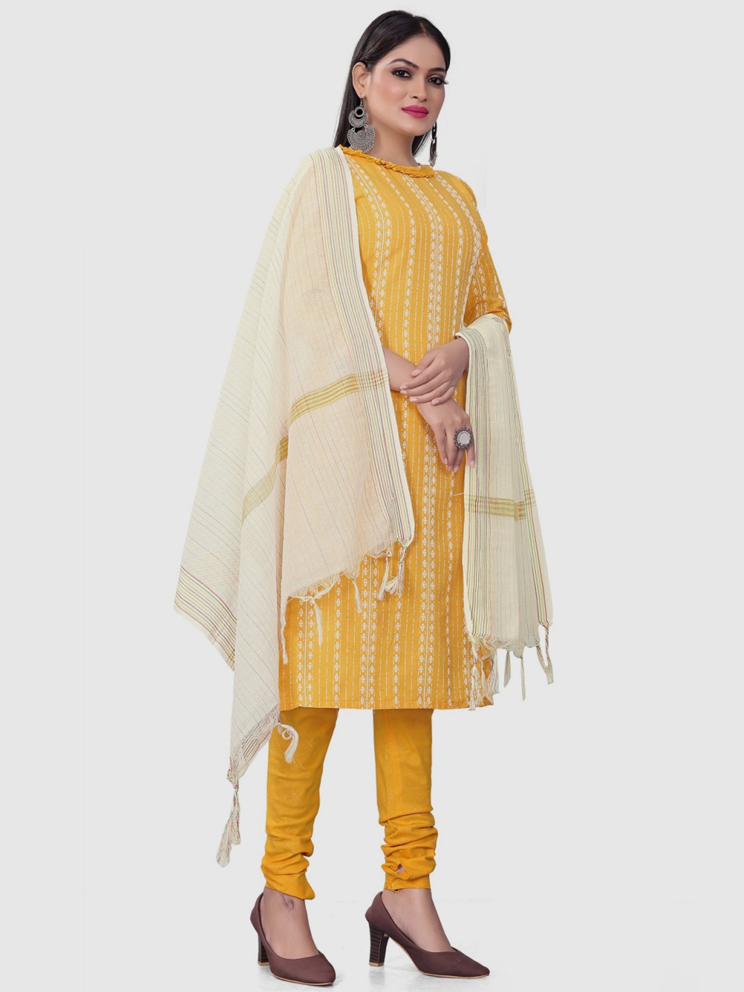 APNISHA Yellow Cotton Printed Unstitched Dress Material