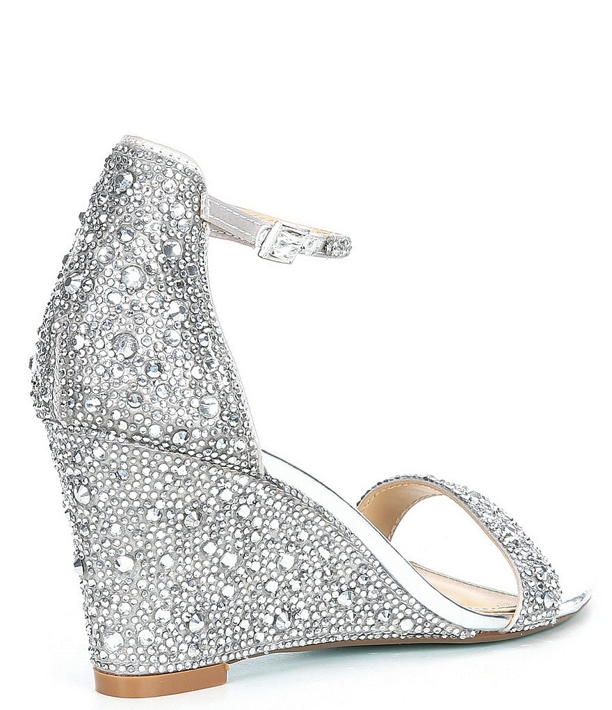 Blue by Betsey Johnson Debie Rhinestone Embellished Ankle Strap Wedge Dress Sandals