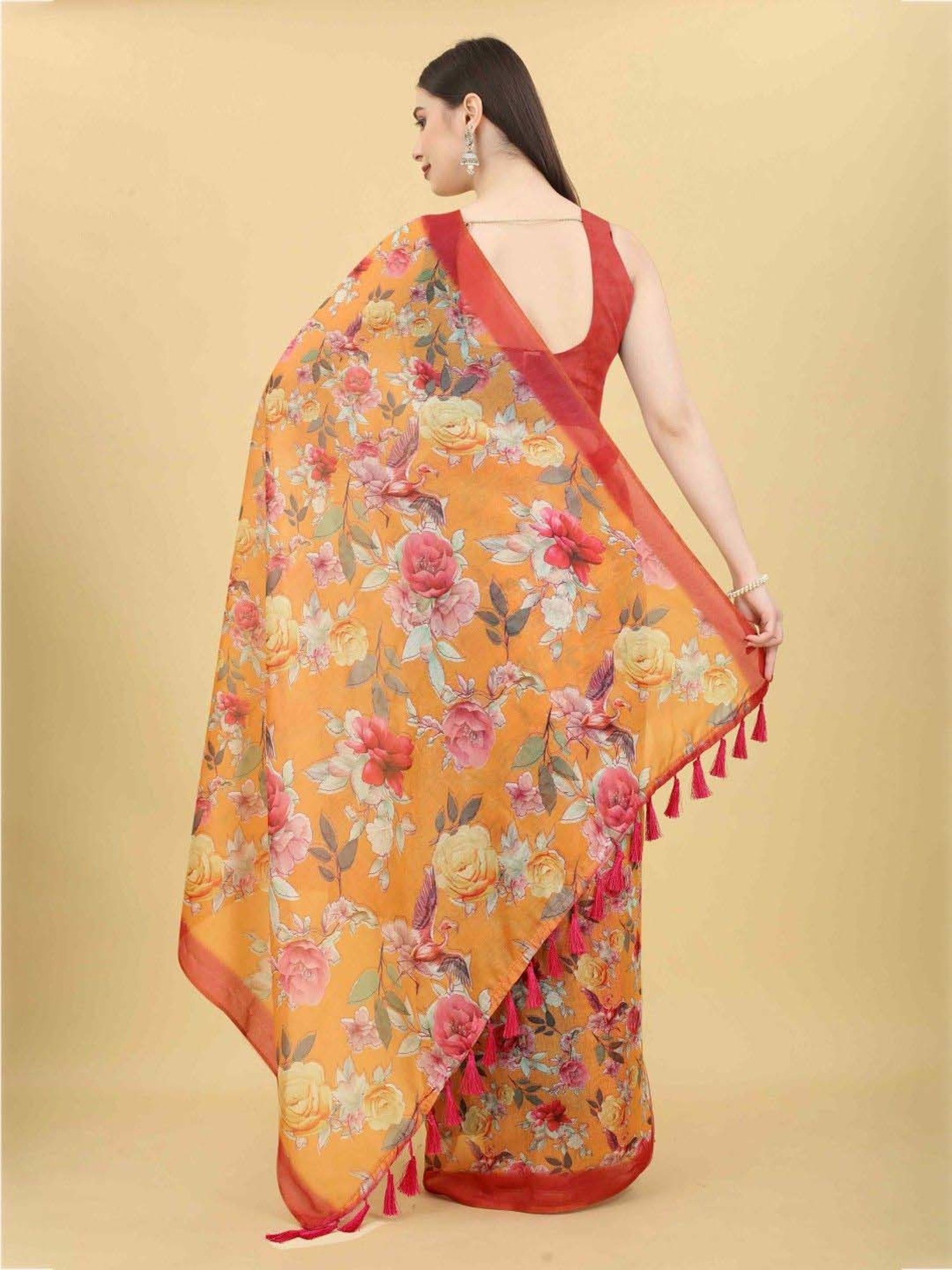 Silk Land Orange Printed Saree With Unstitched Blouse