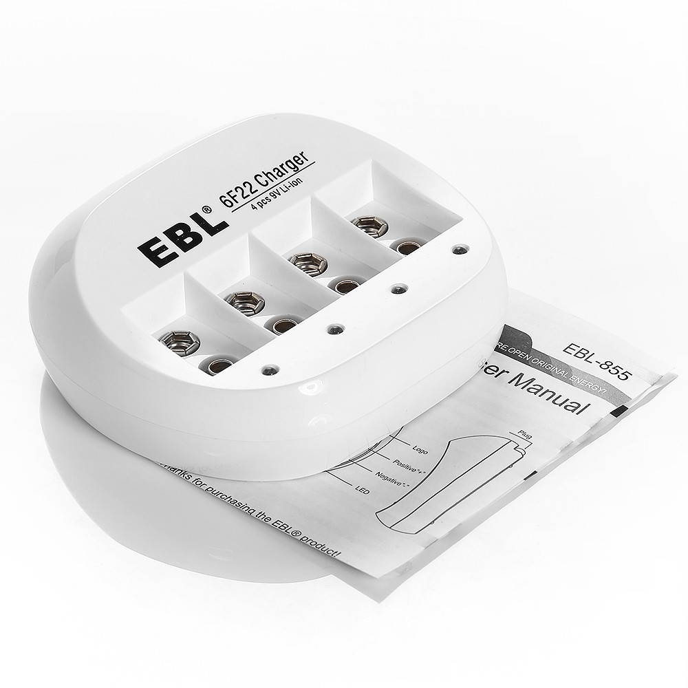 EBL 2 Pack 6F22 600mAh 9V Lithium-ion Rechargeable Batteries with 4 Bay 9V Li-ion Battery Charger