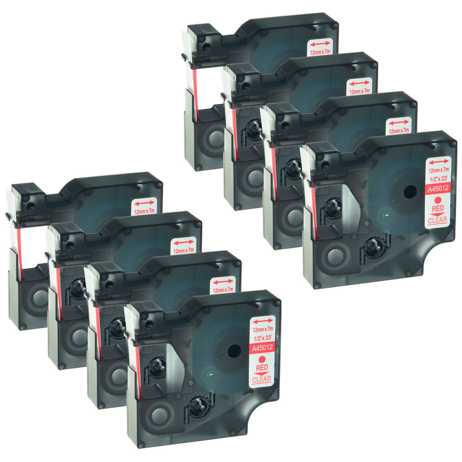 8 PK 12mm Red Ink Clear Tape For Dymo D1 45012 Label LabelManager 450 450D 500TS