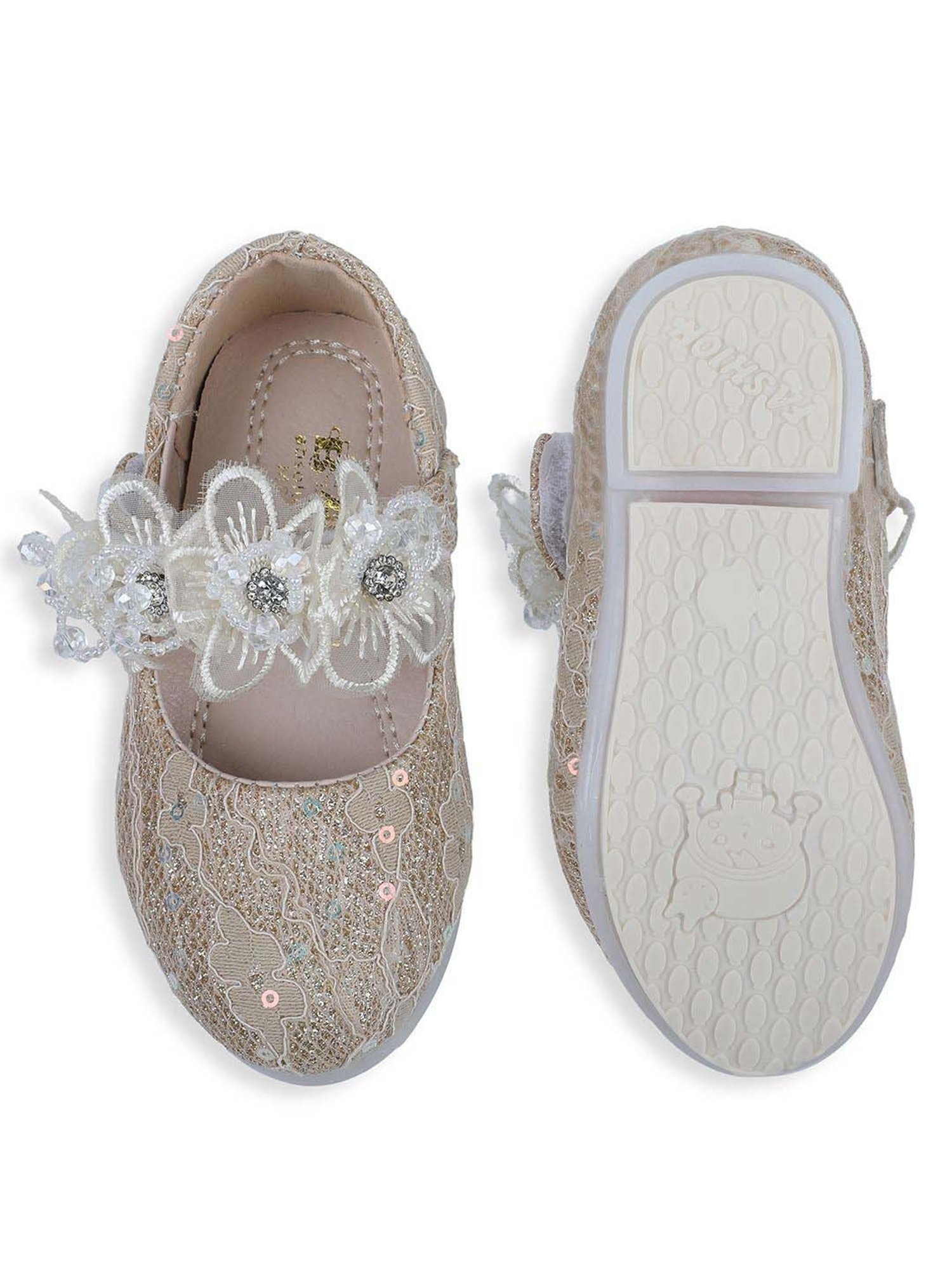 Baby Moo Kids Gold Bash Sequin And Floral Mary Jane Shoes