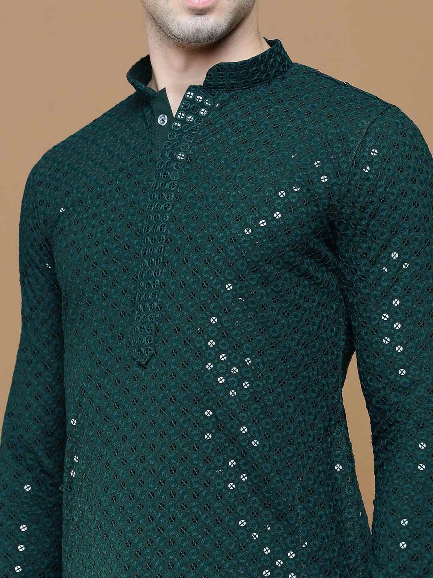 Sanwara Deep Green Cotton Regular Fit Embellished Kurta Bottom Set