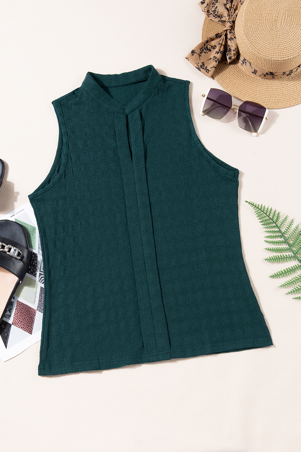 Sea Green Textured Split V Neck Sleeveless Shirt