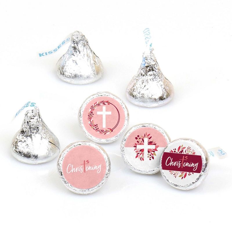 Big Dot of Happiness Christening Pink Elegant Cross - Girl Religious Party Round Candy Sticker Favors - Labels Fit Hershey's Kisses (1 sheet of 108)