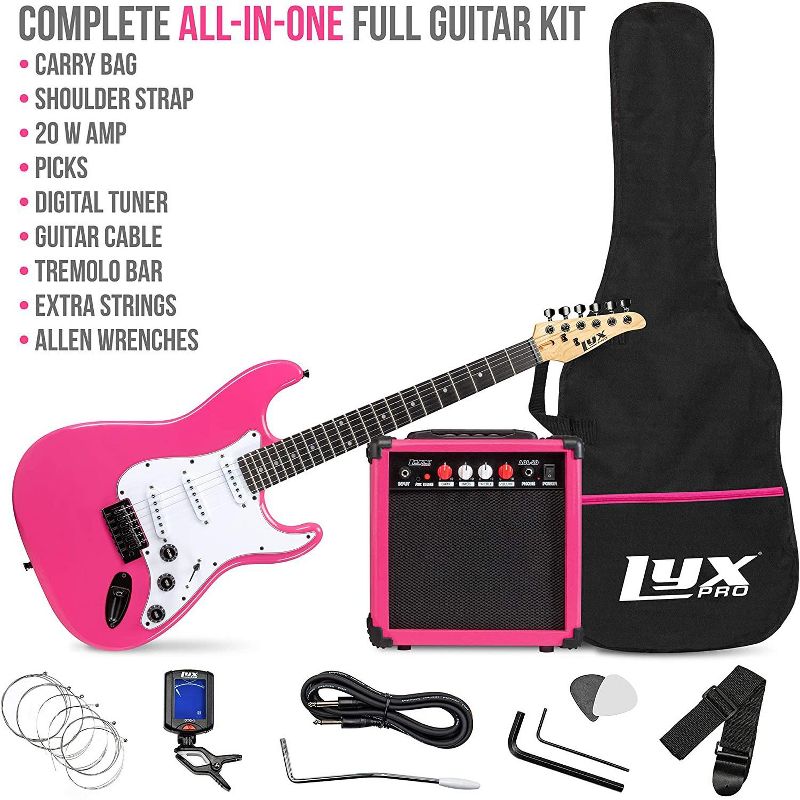 LyxPro 39'' inch Full Size Electric Guitar with 20w Amp, Package Includes All Accessories, Digital Tuner, Strings, Picks, Tremolo Bar, Shoulder Strap, and Case Bag Complete Beginner Starter kit - Pink