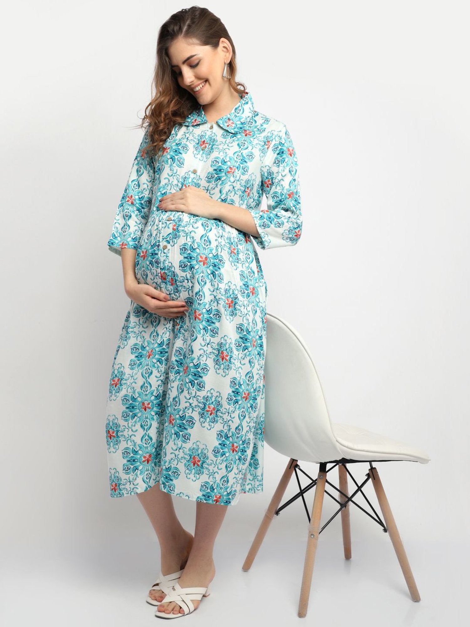 Moms Maternity Blue Printed Dress