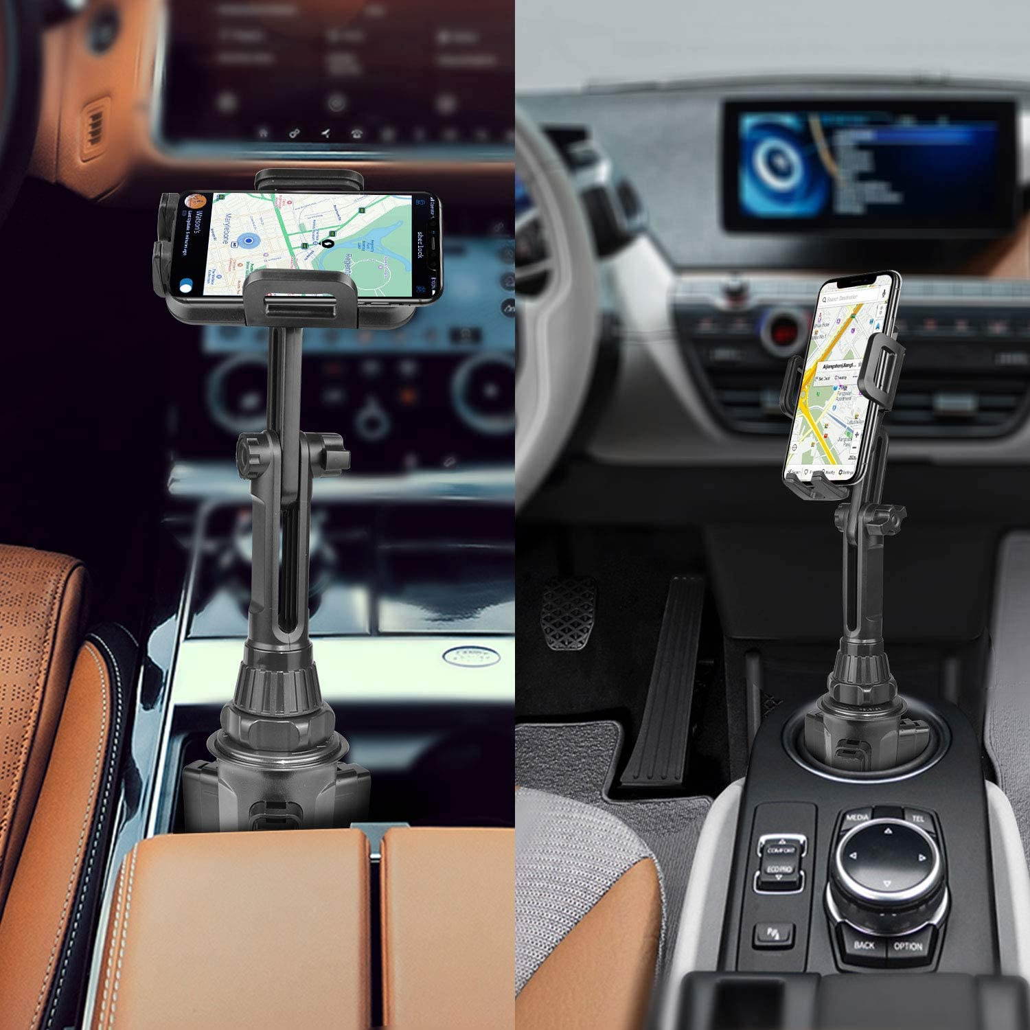 Car-Cup-Holder-Phone-Mount Adjustable Long Pole Automobile Cup Holder Smart Phone Cradle Car Mount for iPhone 11 Pro/XR/XS Max/X/8/7 Plus/6s/Samsung S10 /Note 9/S8 Plus/S7 Edge-Black