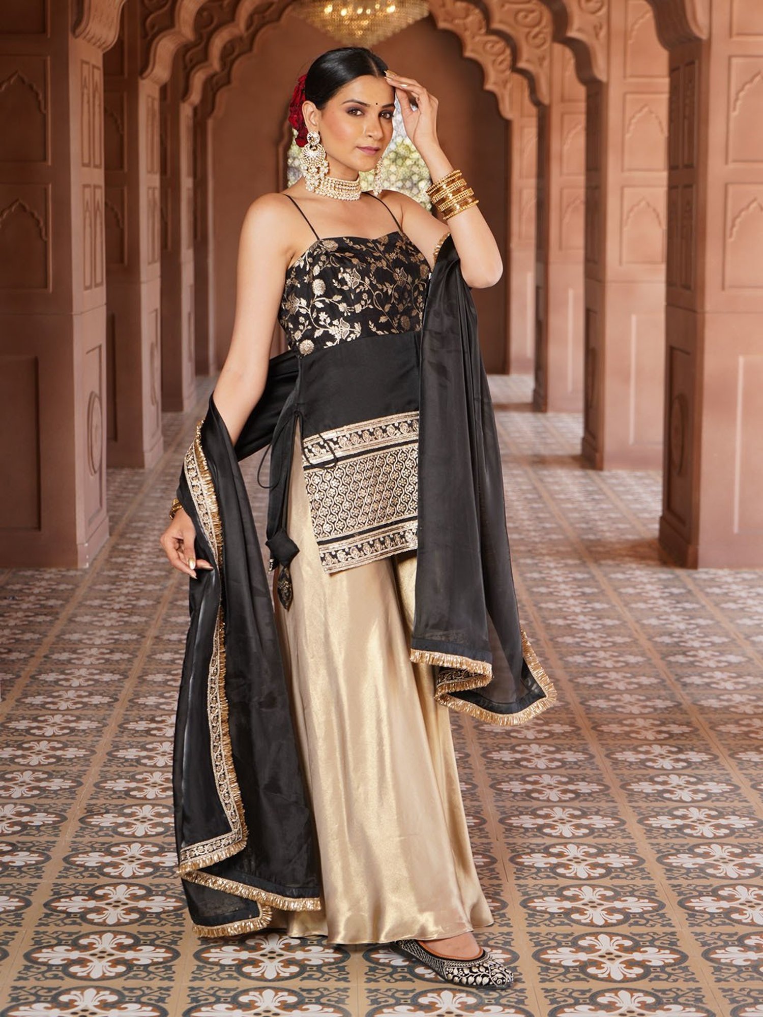 Monk and Mei Ayesha Strap Kurta with Satin Sharara & Dupatta