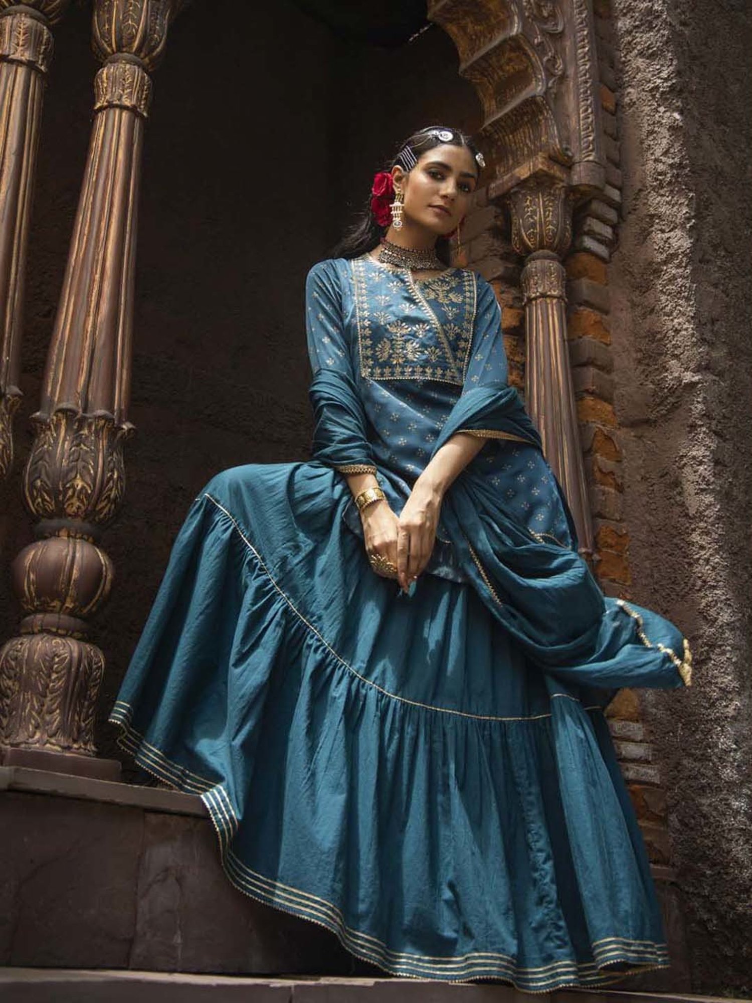 Juniper Teal Ethnic Motif Printed Satin Slub with Zari Embroidery Kurta Sharara & Dupatta Set