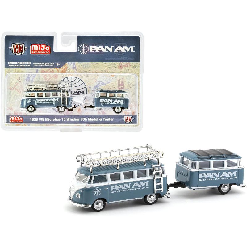 1958 Volkswagen Microbus 15 Window U.S.A. Model with Travel Trailer "PAN AM" Limited Edition to 3,000 pieces 1/64 Diecast Model Car by M2 Machines