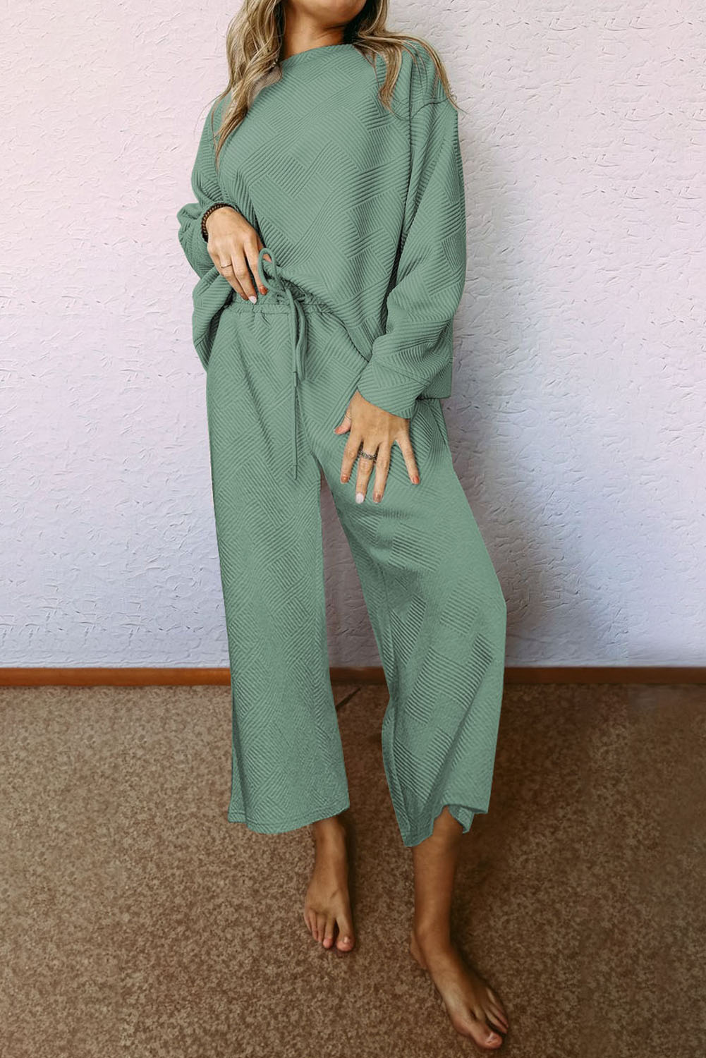 Green Solid Color Quilted Long Sleeve Top and Wide Leg Pants Set
