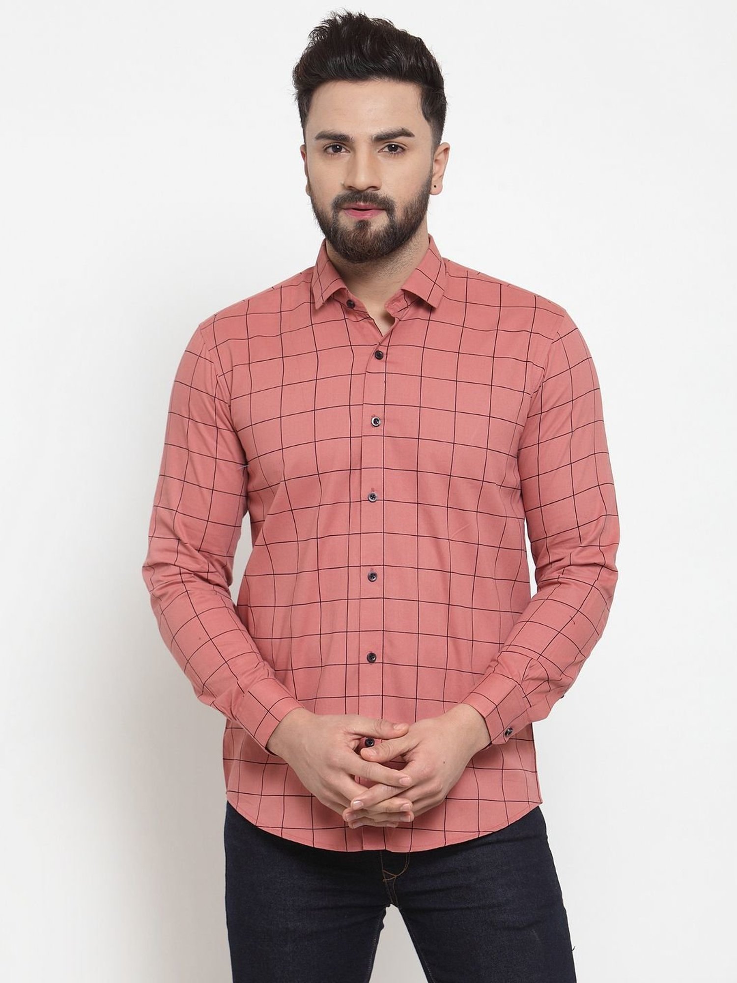 Jainish Peach Cotton Regular Fit Checks Shirt